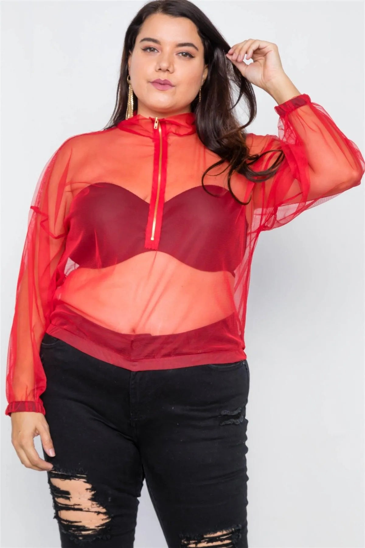 Plus Size Red Sheer Chiffon Front Zipper Jacket - Tasha Apparel Wholesale