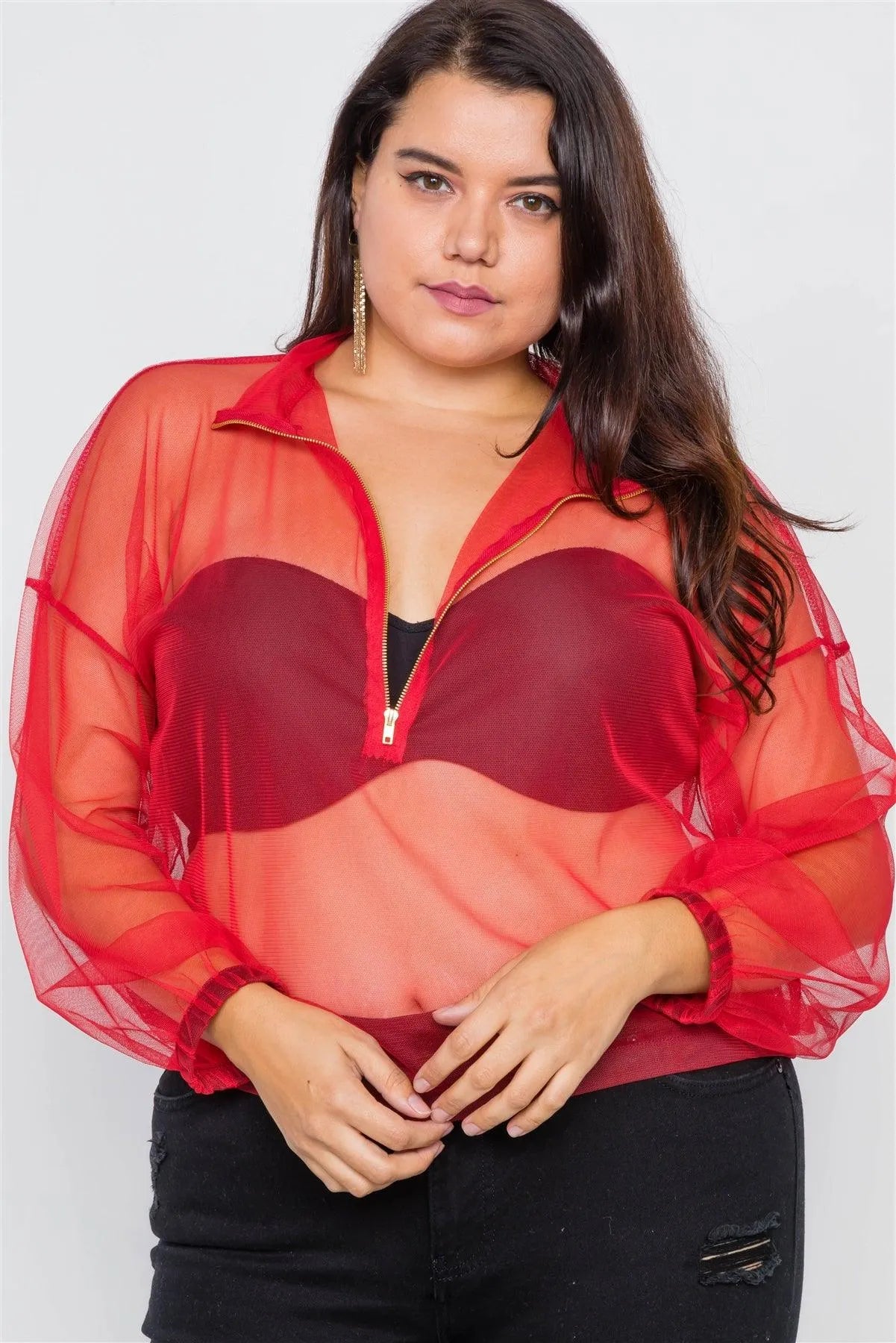 Plus Size Red Sheer Chiffon Front Zipper Jacket /2-2-2 - Tasha Apparel Wholesale