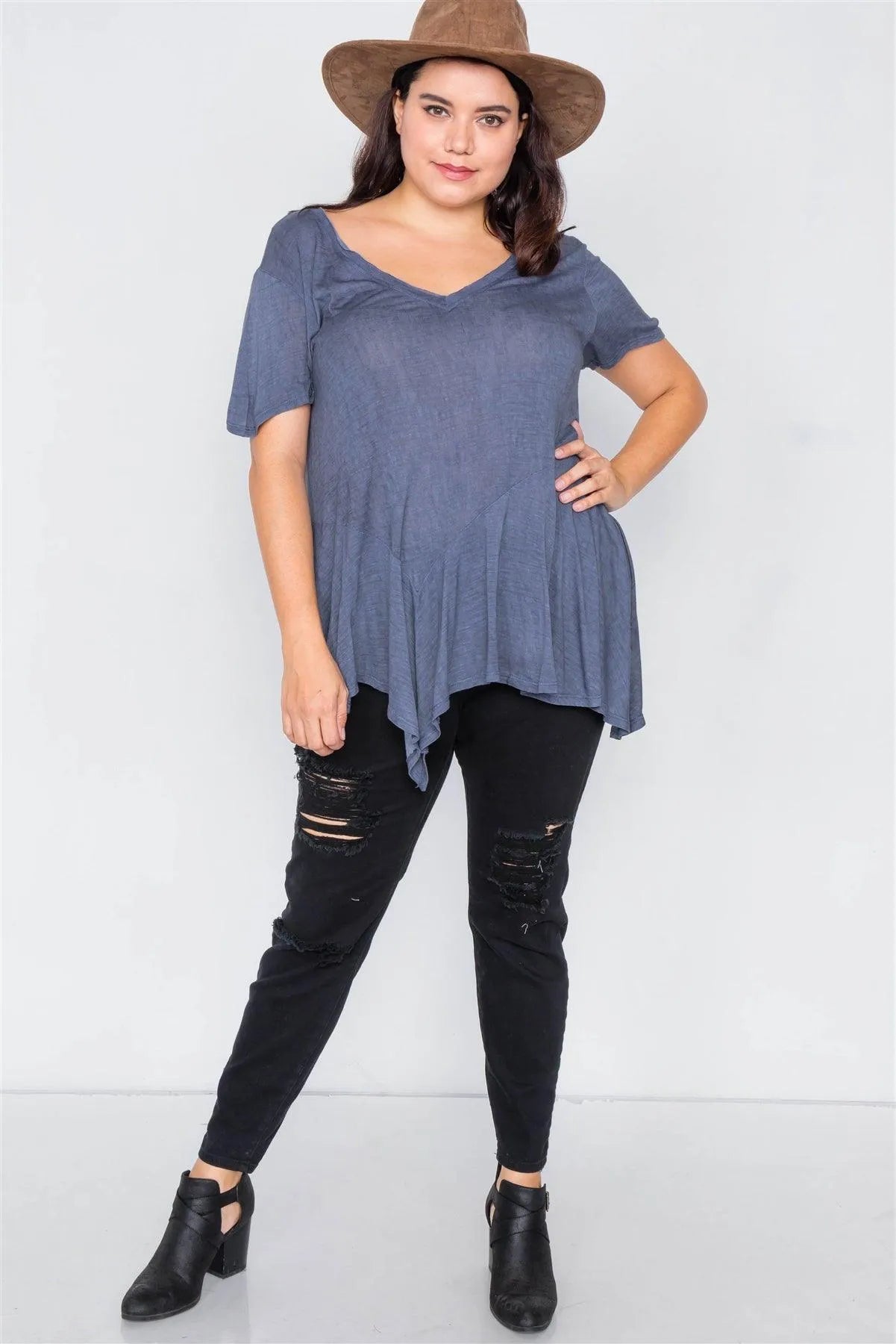 Junior Plus Size Indigo High-Low Relaxed Fit Raw Hem Top /2-2-2 - Tasha Apparel Wholesale