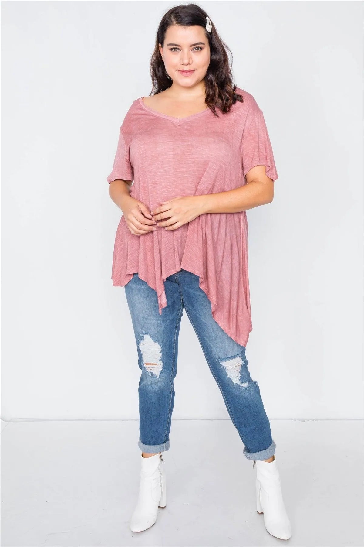 Junior Plus Size Rust High-Low Relaxed Fit Raw Hem Top /2-2-2 - Tasha Apparel Wholesale
