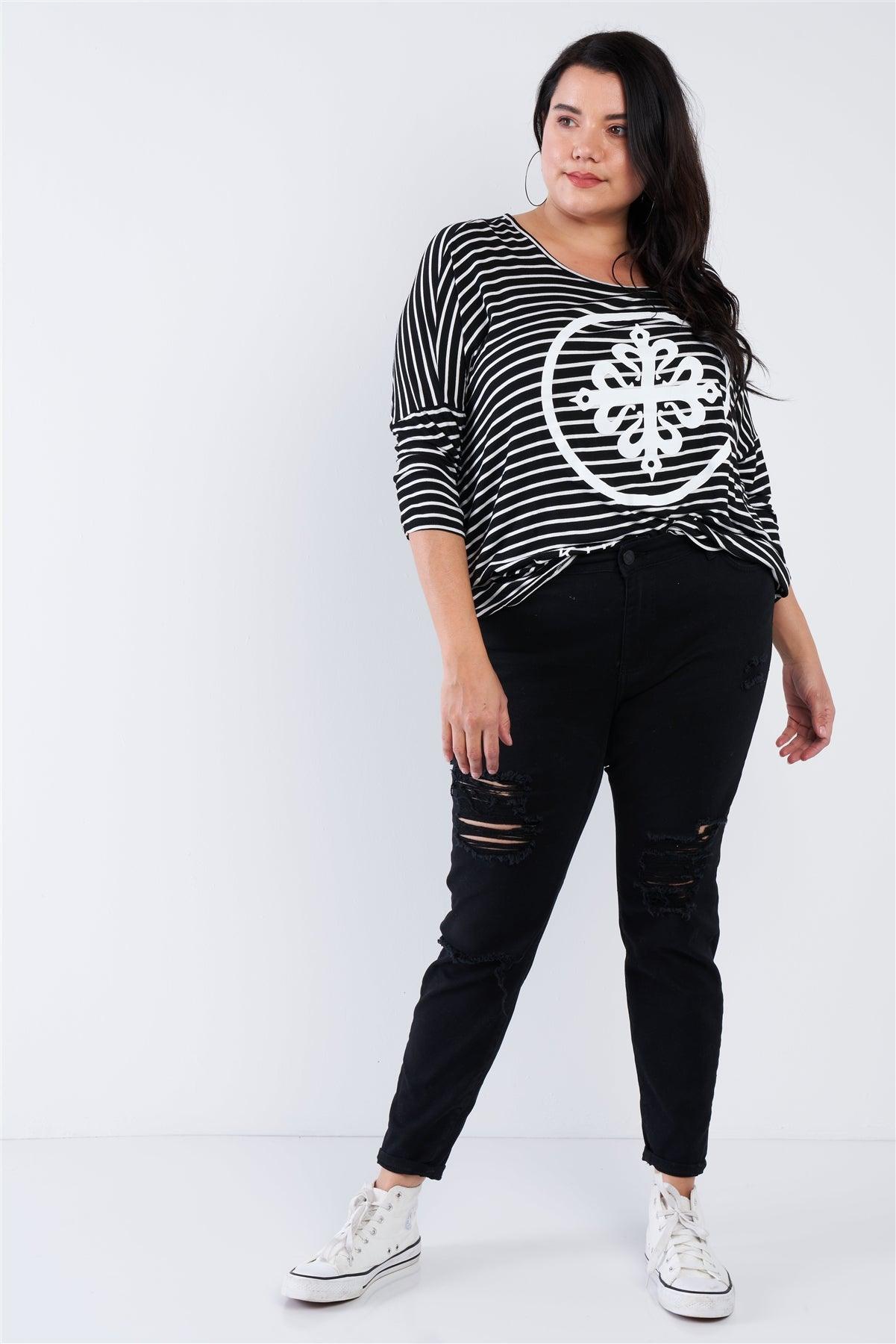 Junior Plus Size Black White Stripe Scoop Neck Relaxed Fit "KIKI LARUE" Top /2-2-1 - Tasha Apparel Wholesale