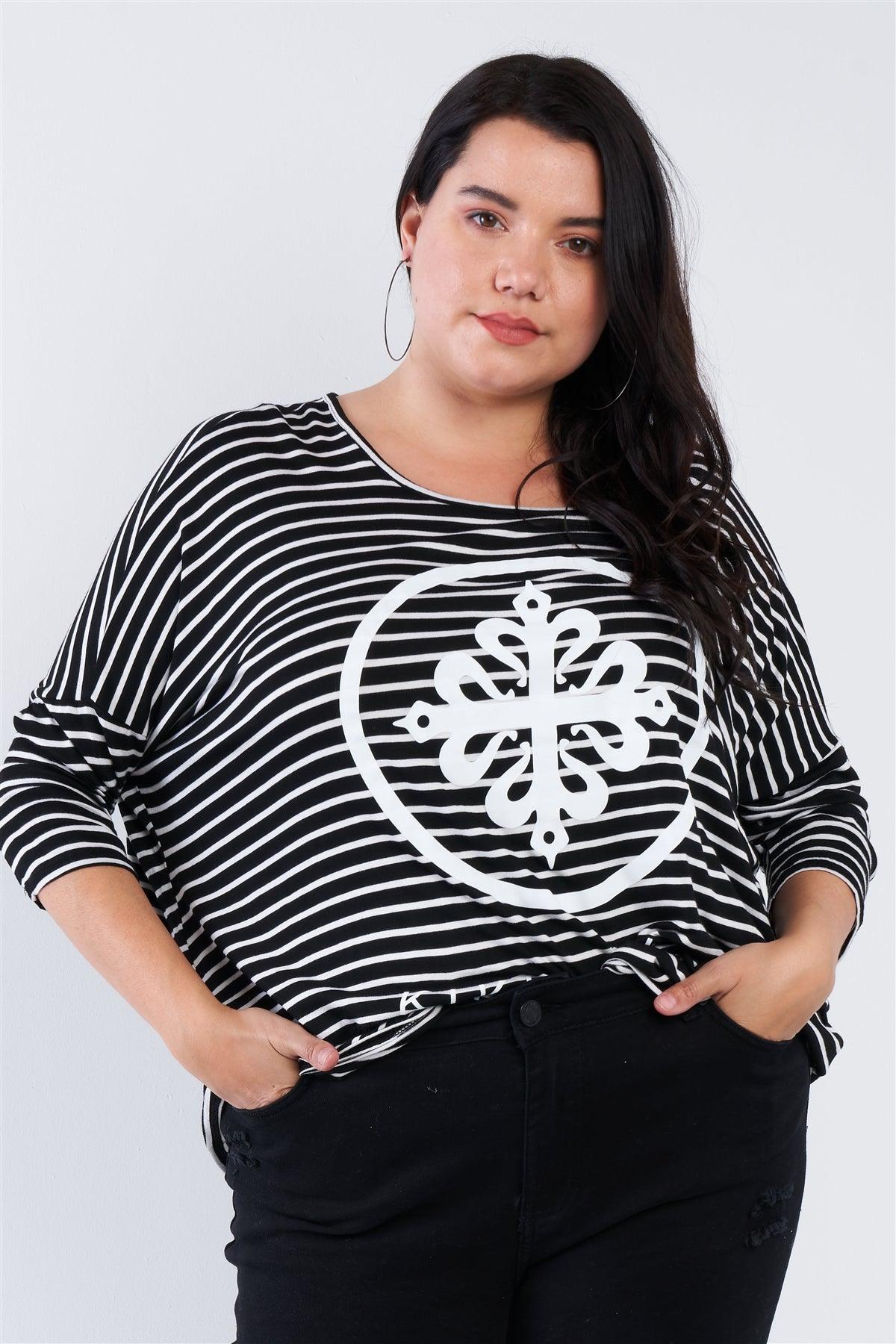 Junior Plus Size Black White Stripe Scoop Neck Relaxed Fit "KIKI LARUE" Top /3-2-1 - Tasha Apparel Wholesale