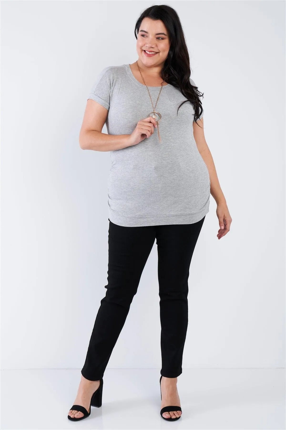 Plus Size Grey Short Sleeve Scoop Neck Side Ruched Top - Tasha Apparel Wholesale