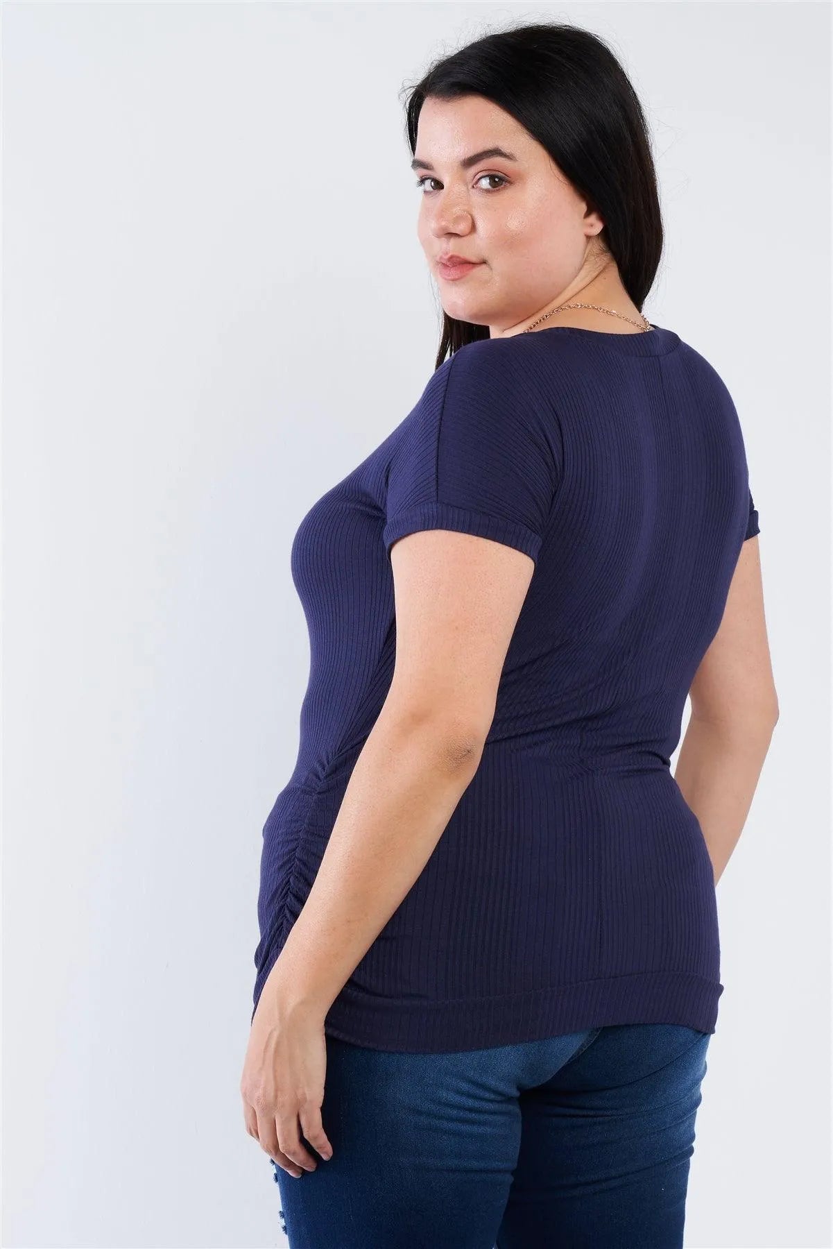 Junior Plus Size Navy Blue Short Sleeve Scoop Neck Side Ruched Top - Tasha Apparel Wholesale
