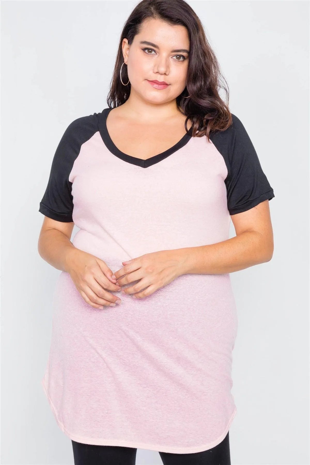 Junior Plus Size Pink & Black Washed Round Hem Shirt Dress /3-3 - Tasha Apparel Wholesale