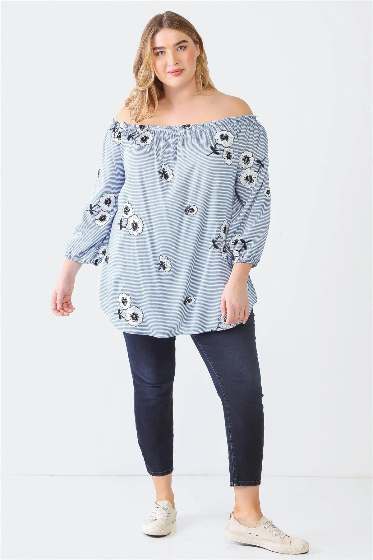 Junior Plus Blue Stripe & Flower Print Off-The-Shoulder Midi Sleeve Top /1-1-1 - Tasha Apparel Wholesale