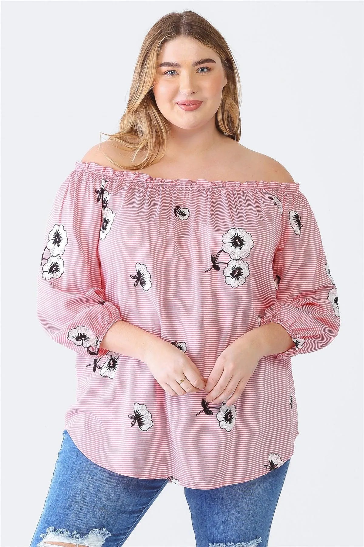 Junior Plus Red Stripe & Flower Print Off-The-Shoulder Midi Sleeve Top /1-1-1 - Tasha Apparel Wholesale
