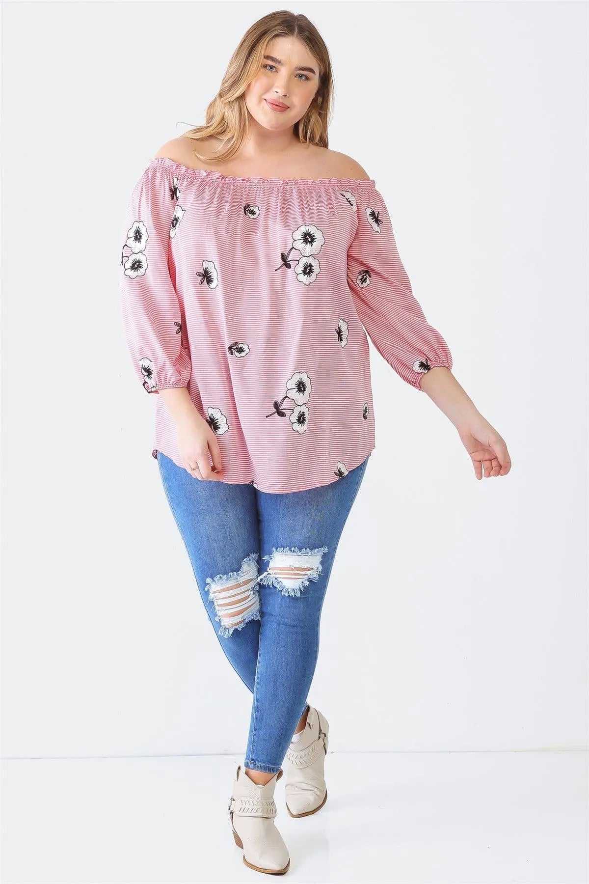 Junior Plus Red Stripe & Flower Print Off-The-Shoulder Midi Sleeve Top /2-1-1 - Tasha Apparel Wholesale