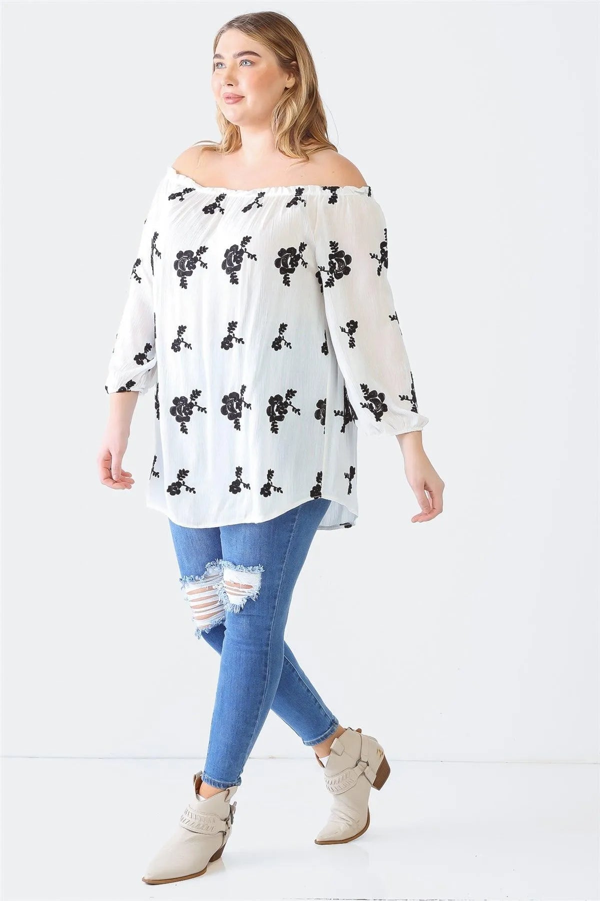Junior Plus White & Black Flower Print Off-The-Shoulder Midi Sleeve Top /1-1-1 - Tasha Apparel Wholesale