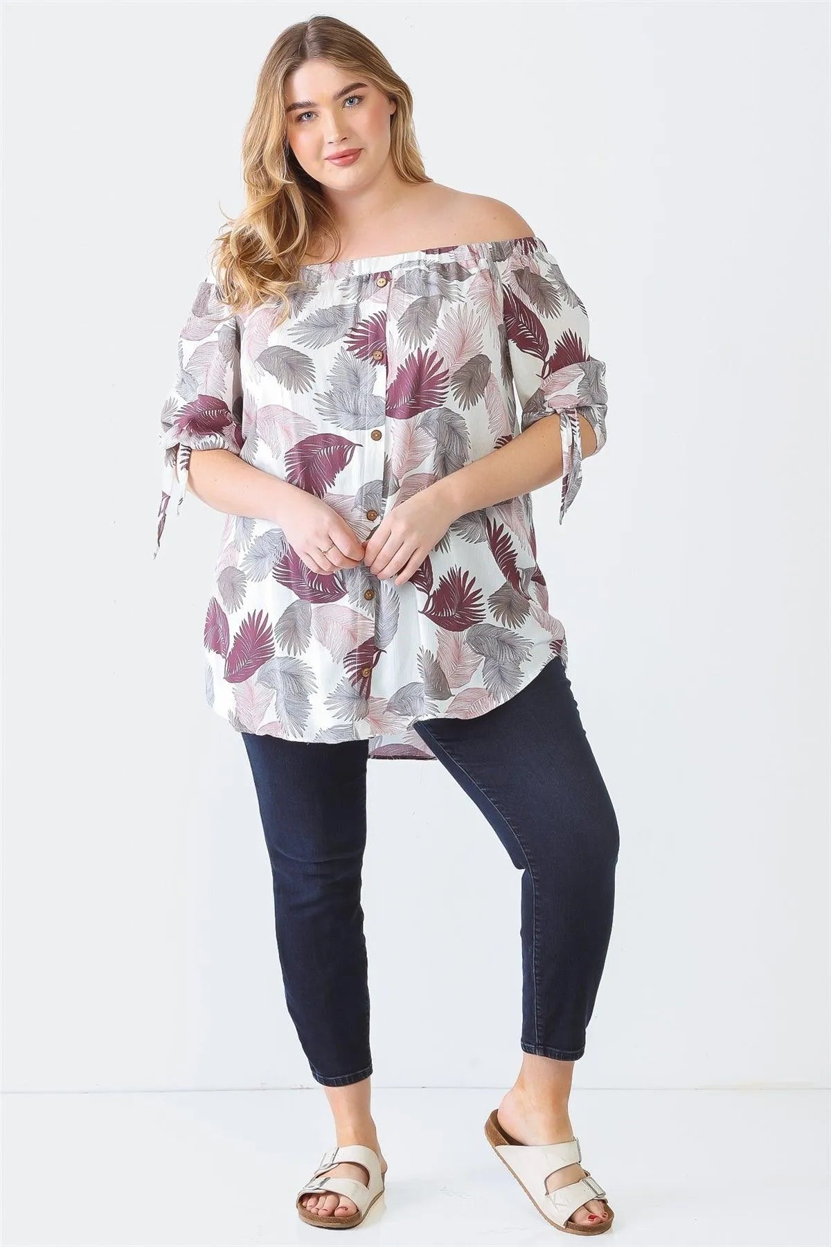 Junior Plus Cream Pink Palm Leaves Print Button-Up Off-The-Shoulder Short Sleeve Top /1-1-1 - Tasha Apparel Wholesale