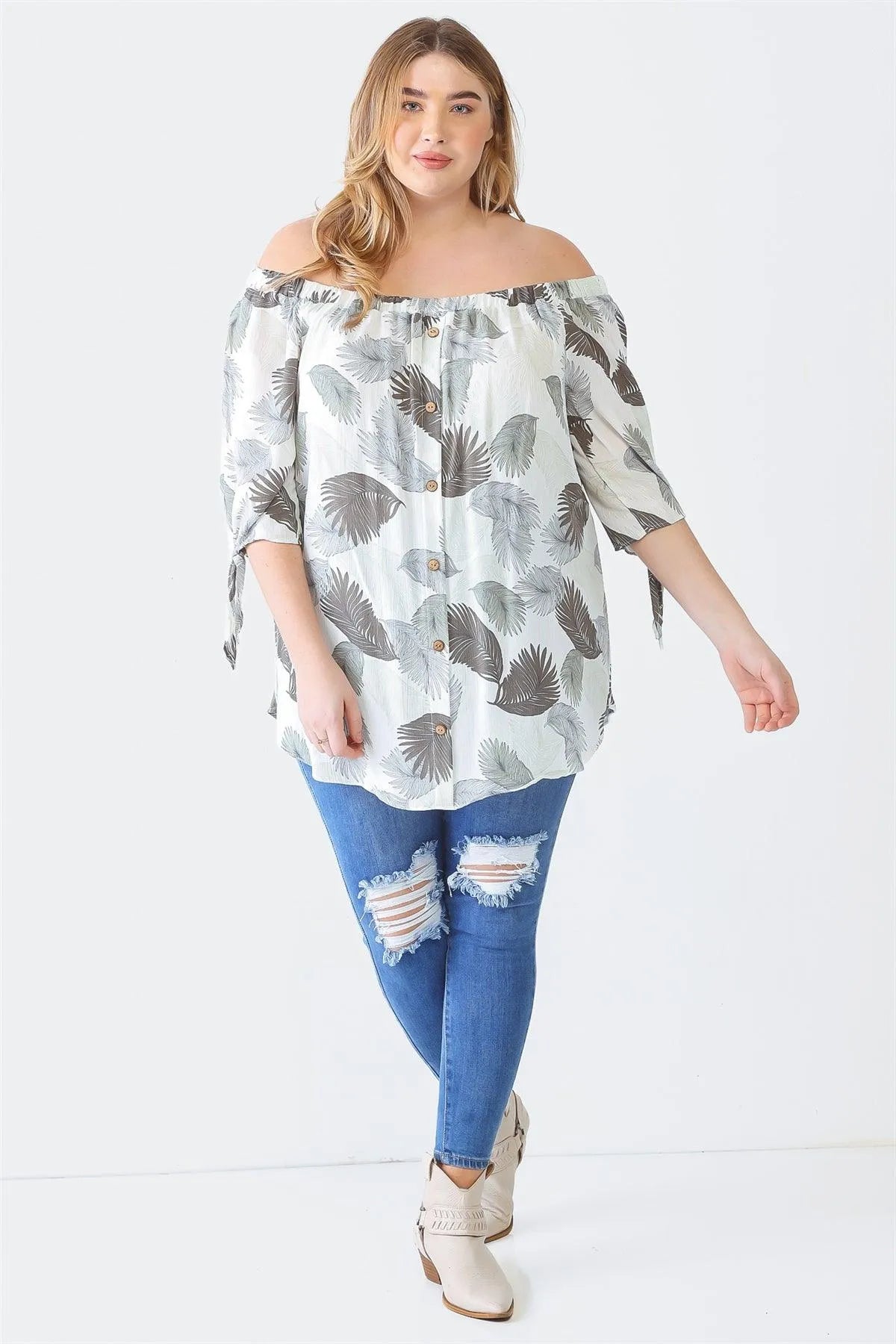 Junior Plus Cream Sage Palm Leaves Print Button-Up Off-The-Shoulder Short Sleeve Top /1-1-1 - Tasha Apparel Wholesale