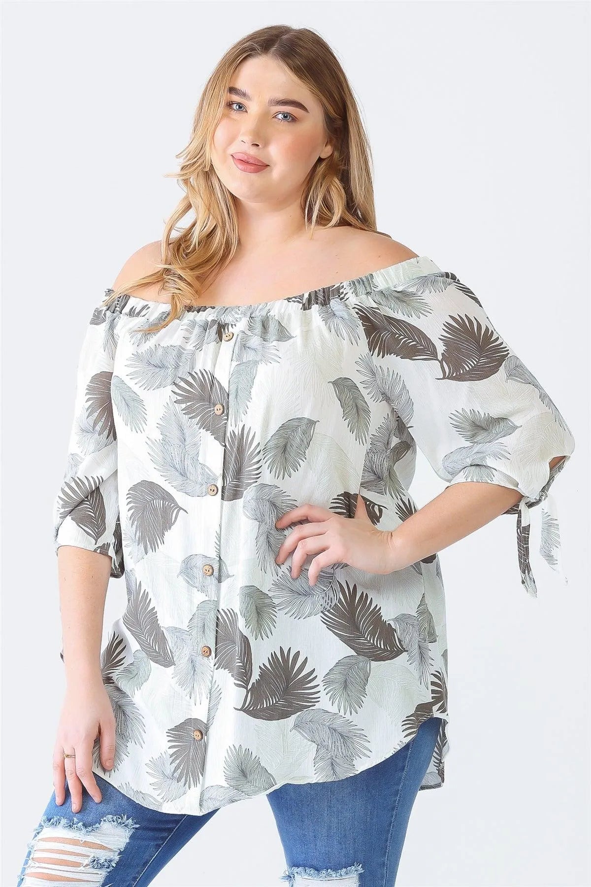 Junior Plus Cream Sage Palm Leaves Print Button-Up Off-The-Shoulder Short Sleeve Top /2-1-1 - Tasha Apparel Wholesale