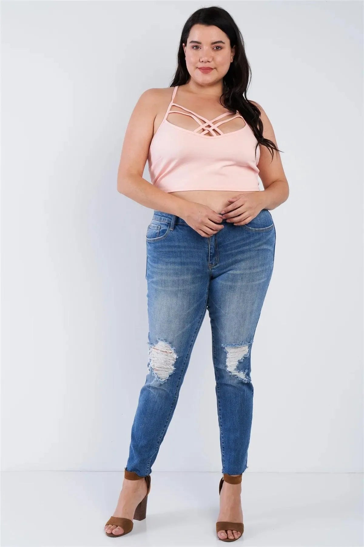 Junior Plus Size Mauve Criss Cross Front Open Back Cami Strap Athletic Lounge Bra - Tasha Apparel Wholesale