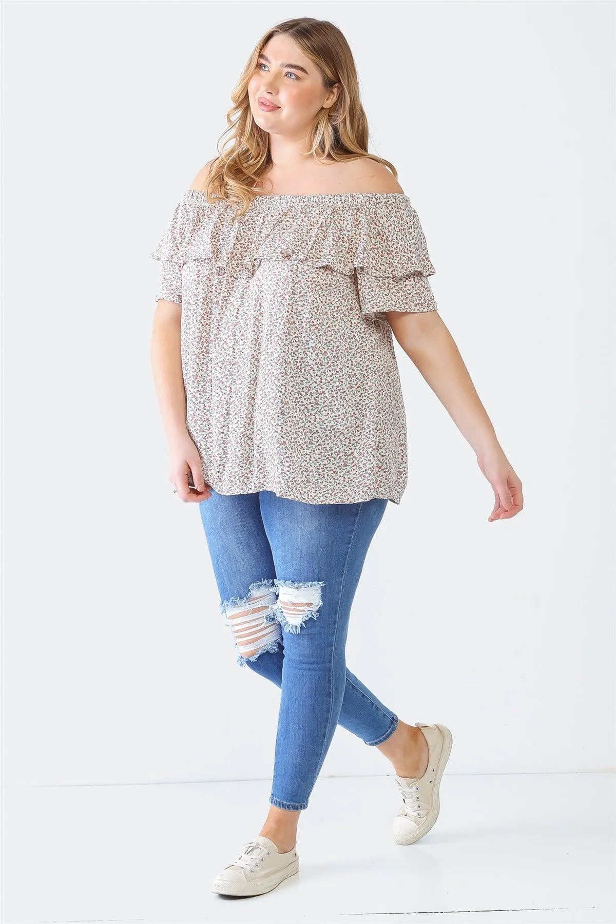 Junior Plus Cream Mauve Floral Print Off-The-Shoulder Short Sleeve Top /1-1-1 - Tasha Apparel Wholesale