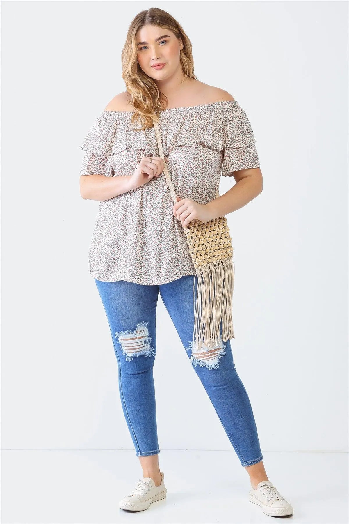 Junior Plus Cream Mauve Floral Print Off-The-Shoulder Short Sleeve Top /2-2-1 - Tasha Apparel Wholesale