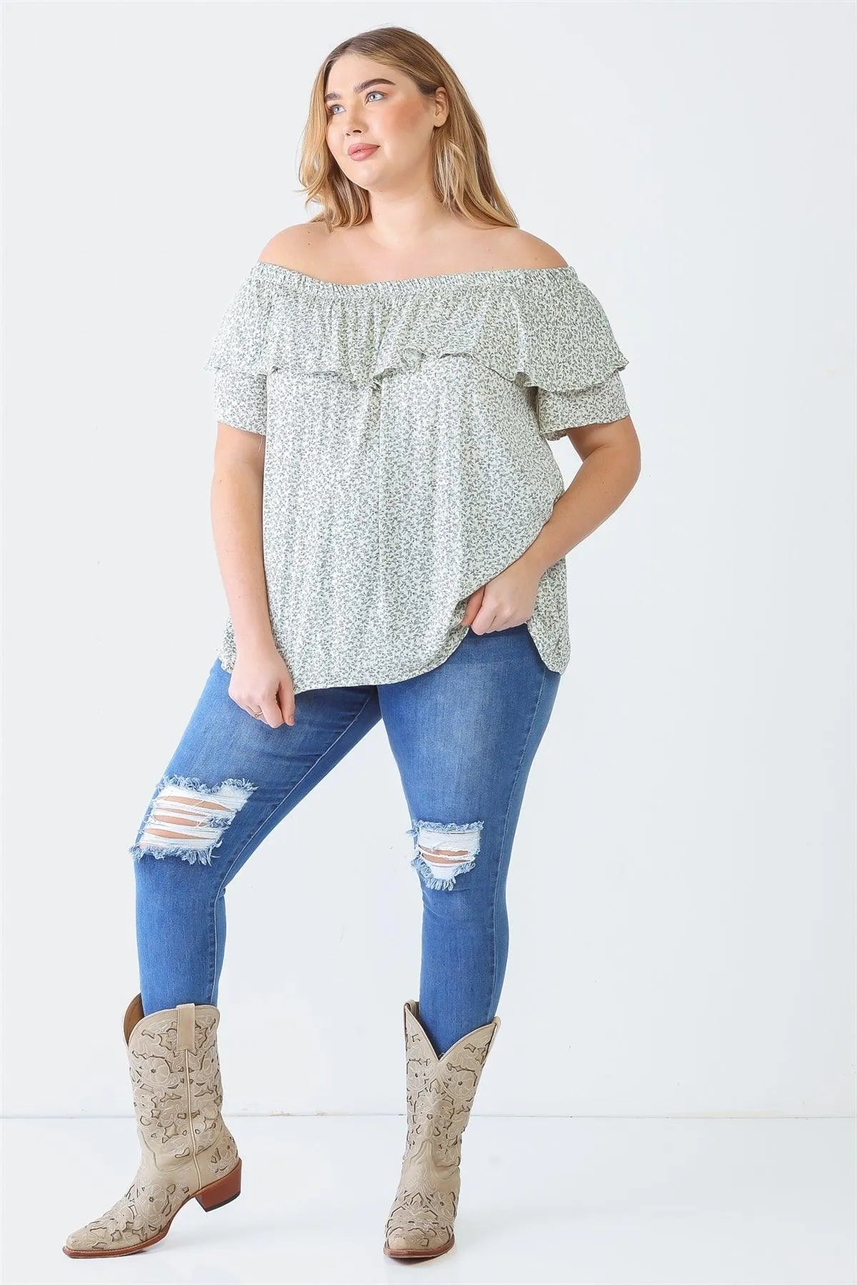 Junior Plus Cream Sage Floral Print Off-The-Shoulder Short Sleeve Top /1-1-1 - Tasha Apparel Wholesale