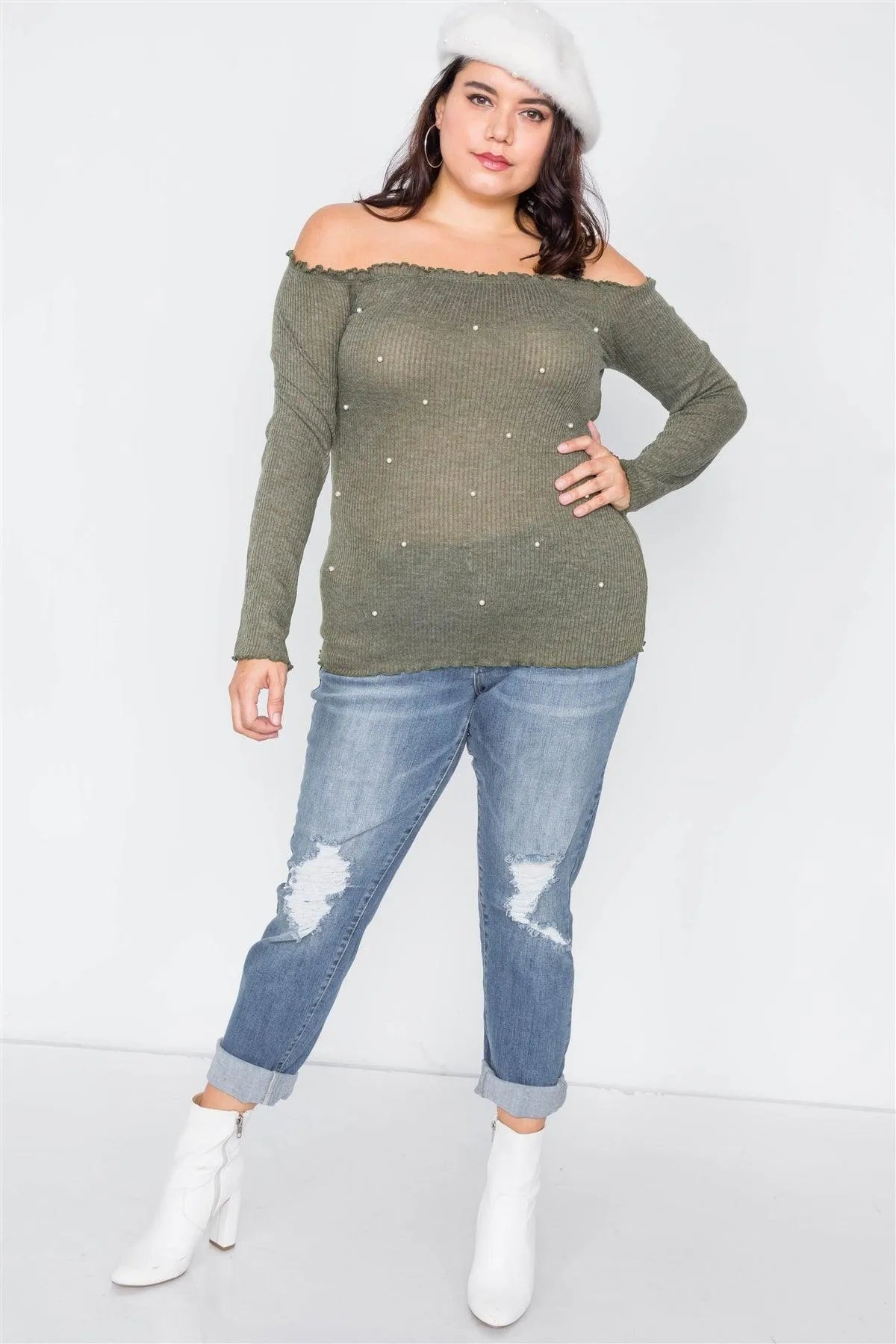 Plus Size Olive & Pearl Ribbed Scallop Hem Off-The-Shoulder Top - Tasha Apparel Wholesale