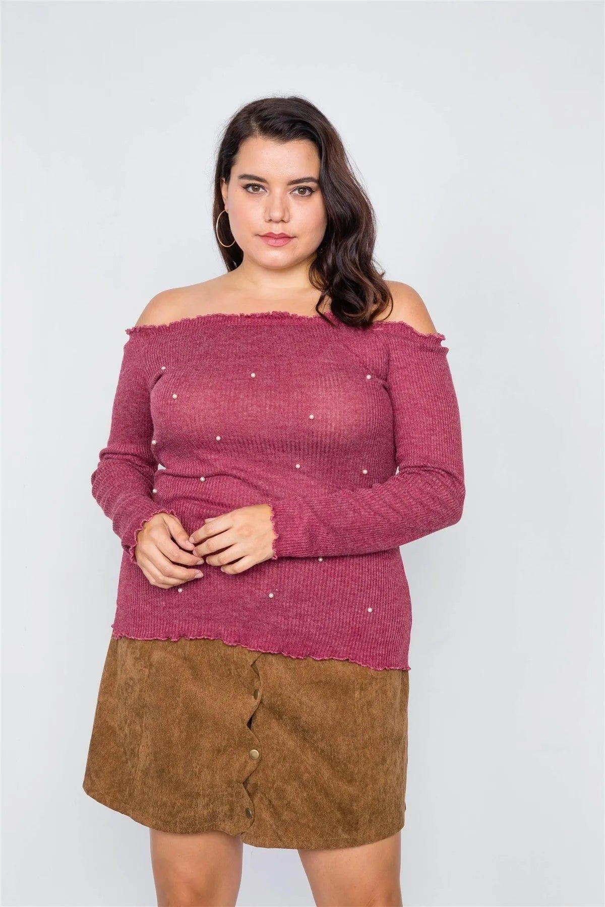 Plus Size Wine & Pearl Ribbed Off-The-Shoulder Top - Tasha Apparel Wholesale