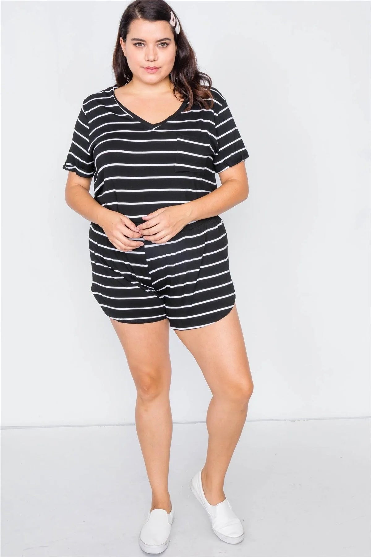 Plus Size Black & White Rolled Short Sleeve Stripe Comfy Short Set /3-2-1 - Tasha Apparel Wholesale
