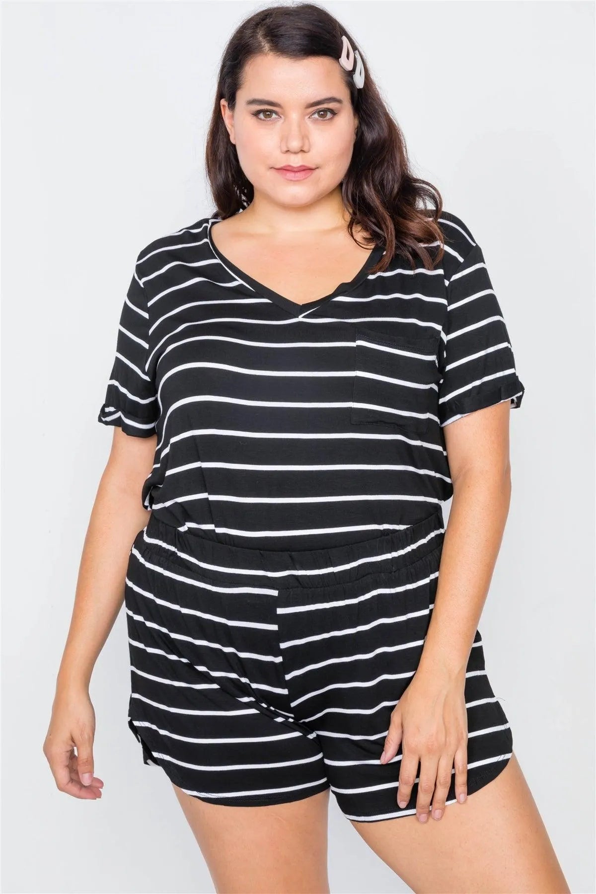 Plus Size Black & White Rolled Short Sleeve Stripe Comfy Short Set /2-2-2 - Tasha Apparel Wholesale