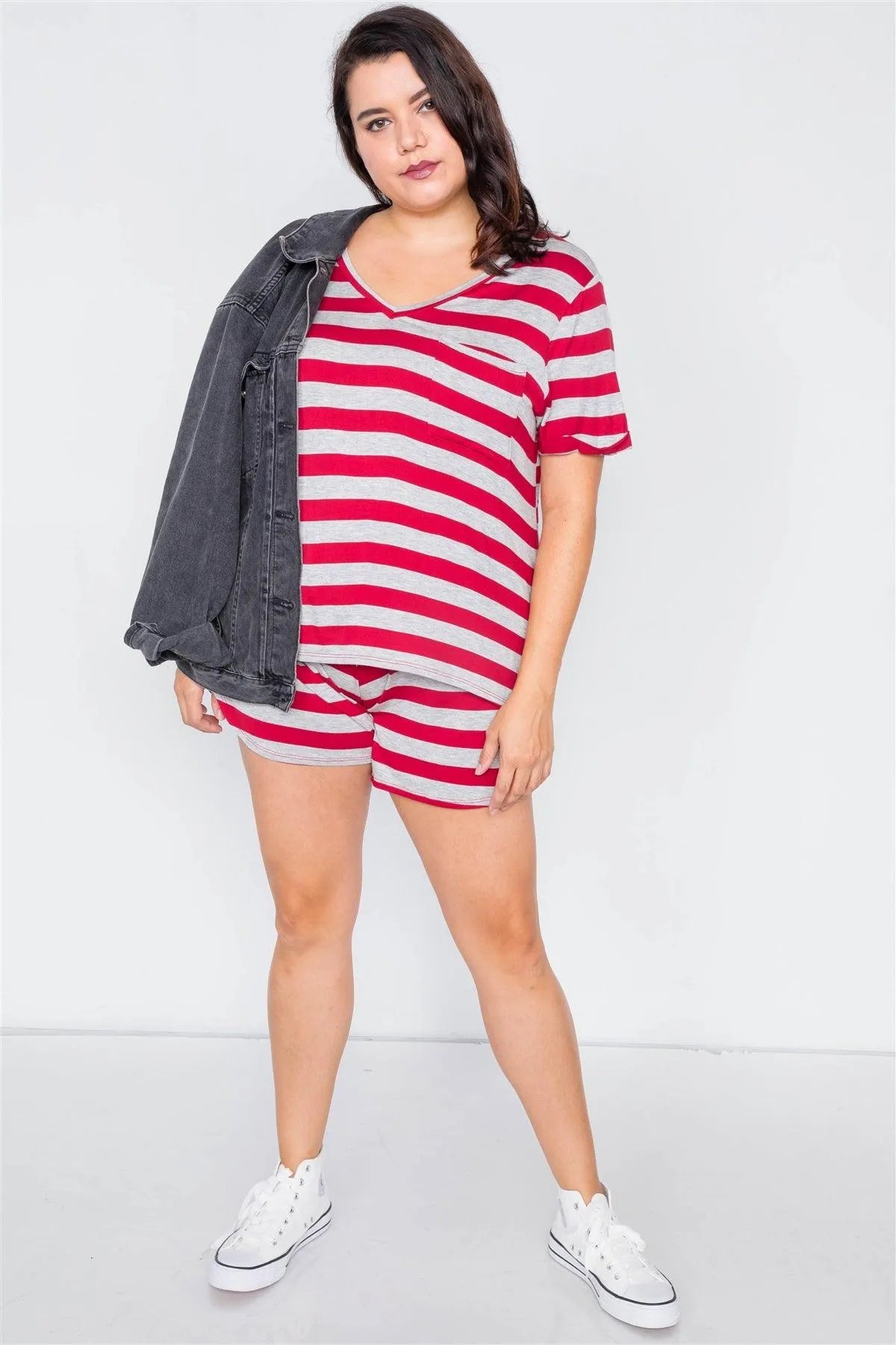 Junior Plus Size Red & Heather Grey Rolled Short Sleeve Stripe Comfy Short Set /3-2-1 - Tasha Apparel Wholesale