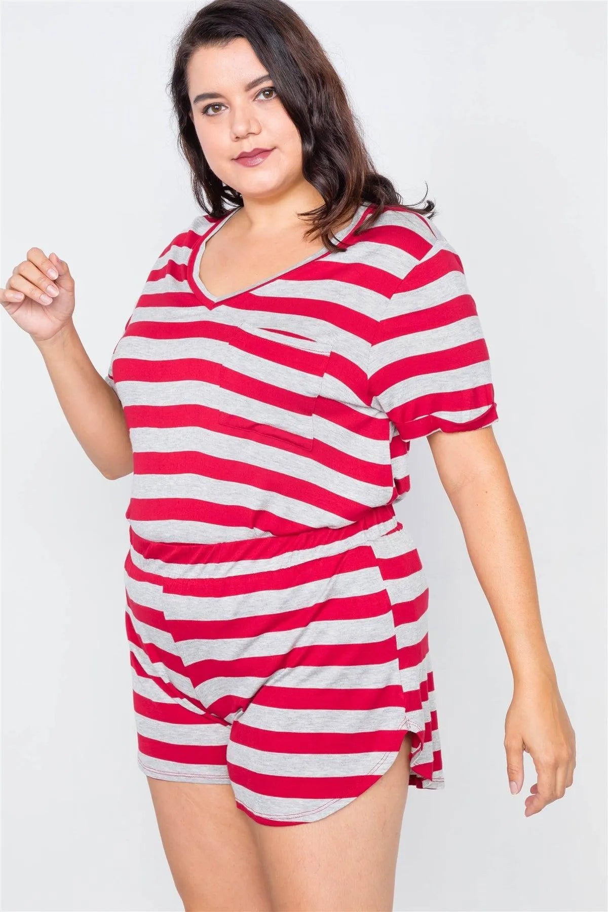 Plus Size Red & Heather Grey Rolled Short Sleeve Stripe Comfy Short Set /1-3-2 - Tasha Apparel Wholesale
