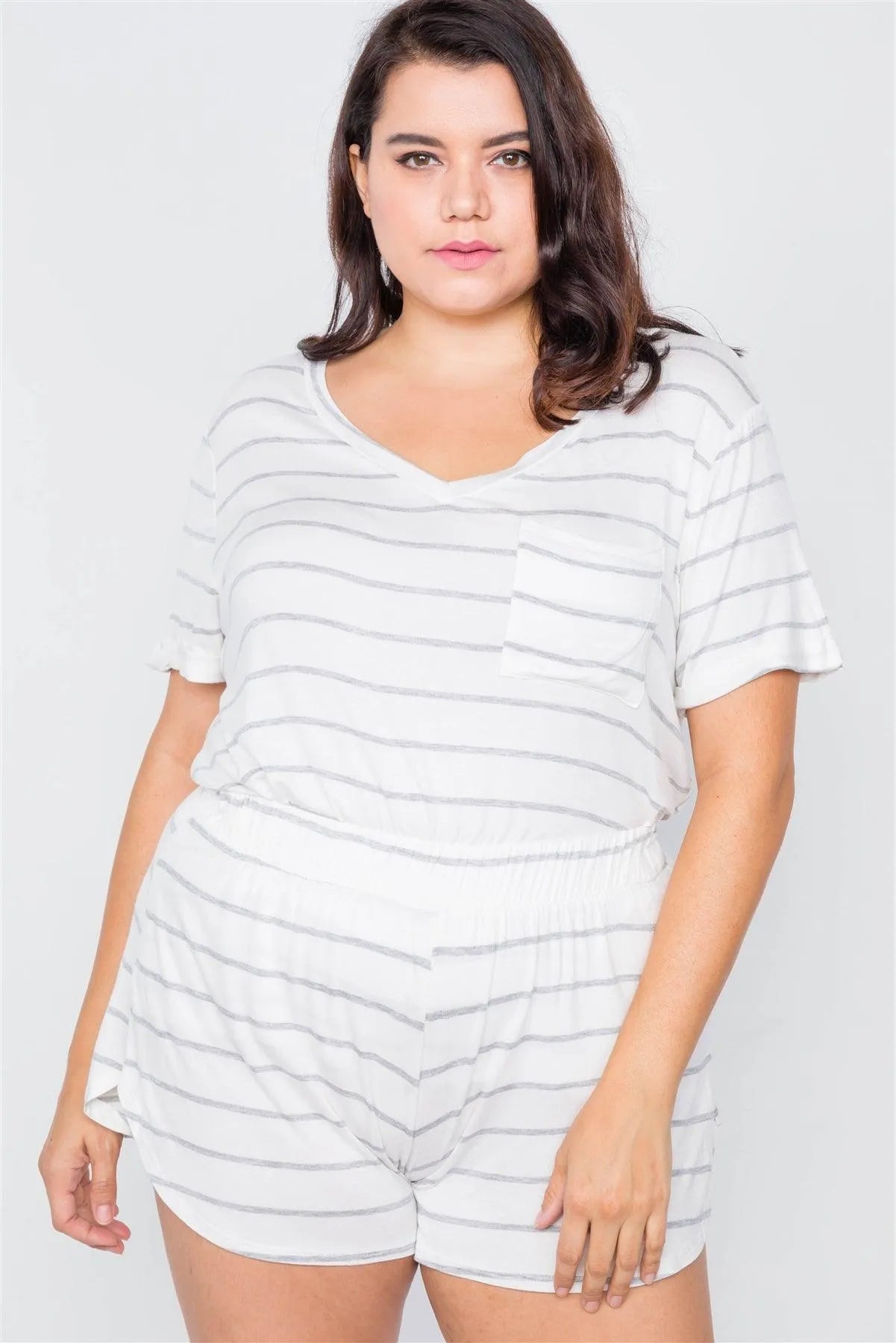 Plus Size White & Grey Rolled Short Sleeve Stripe Comfy Short Set /3-2-1 - Tasha Apparel Wholesale
