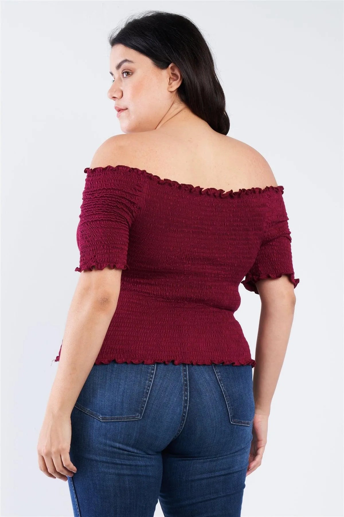 Junior Plus Size Burgundy Off The Shoulder Top /2-2-2 - Tasha Apparel Wholesale