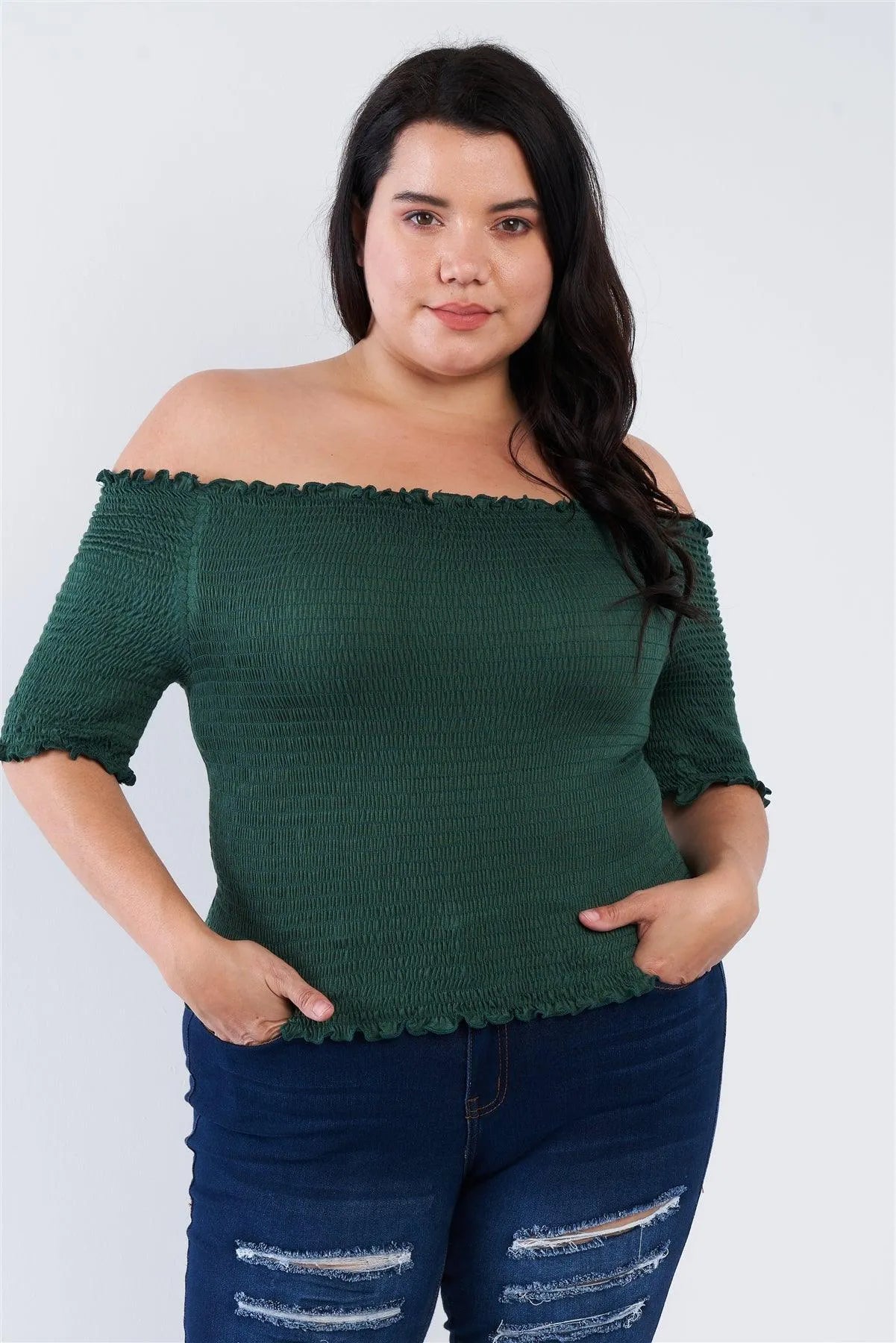 Junior Plus Size Off The Shoulder Hunter Green Top /2-2 - Tasha Apparel Wholesale