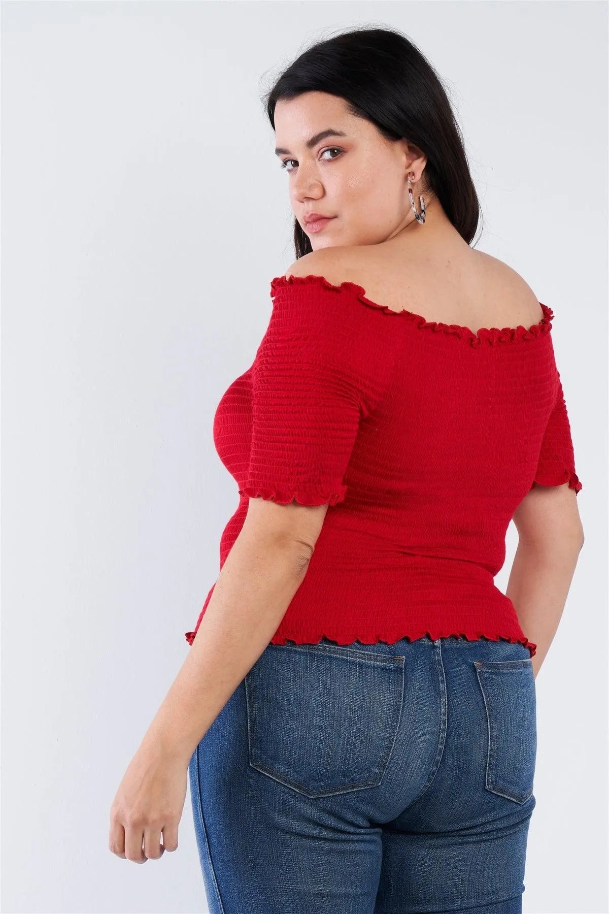 Junior Plus Size Off The Shoulder Red Top /1-2-3 - Tasha Apparel Wholesale