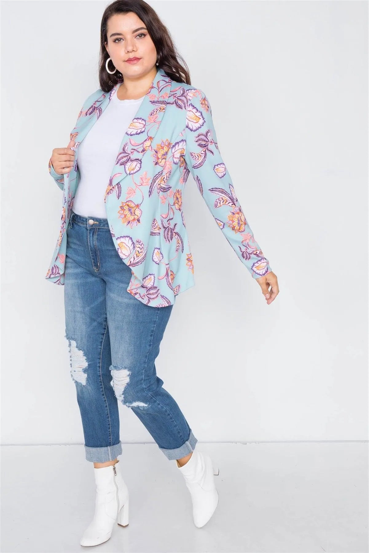 Plus Size Floral Print Blue Round Flounce Hem Blazer /2-2-1 - Tasha Apparel Wholesale