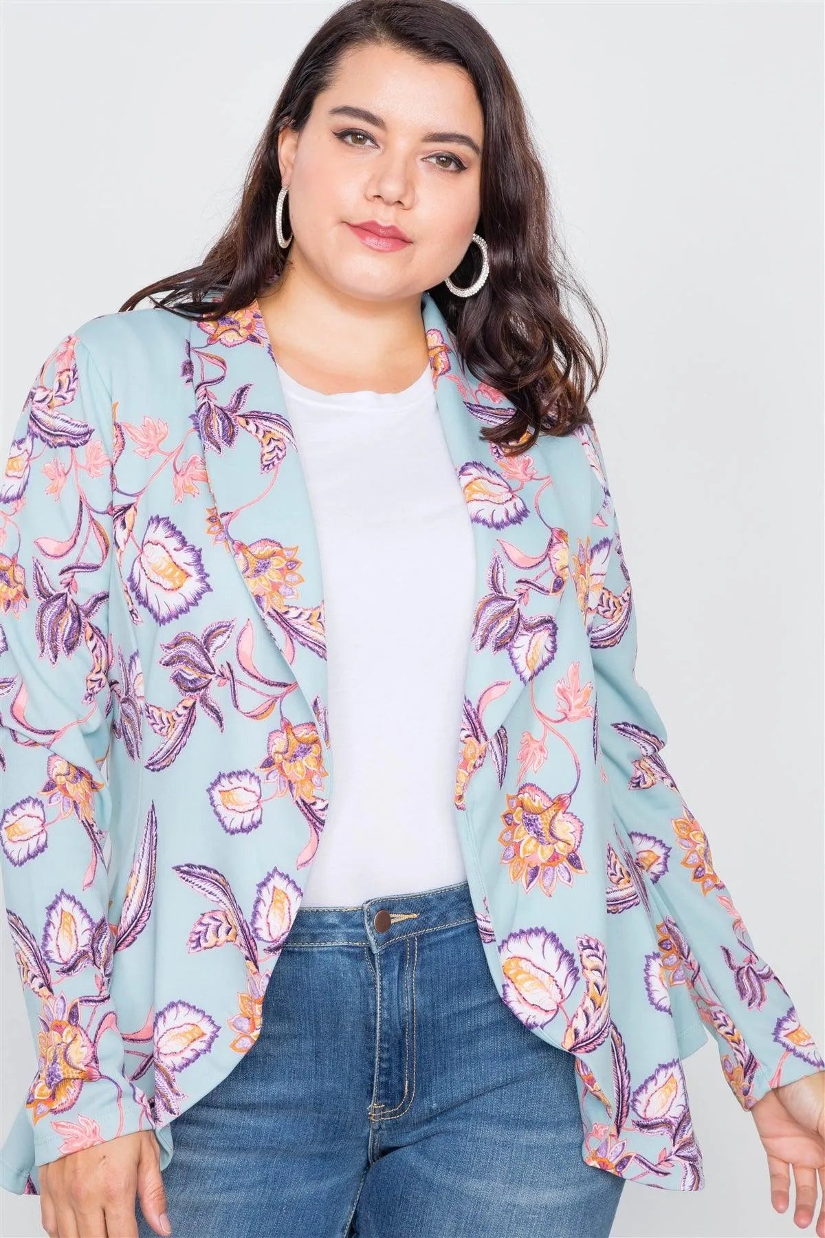 Junior Plus Size Floral Print Blue Round Flounce Hem Blazer /3-2-1 - Tasha Apparel Wholesale