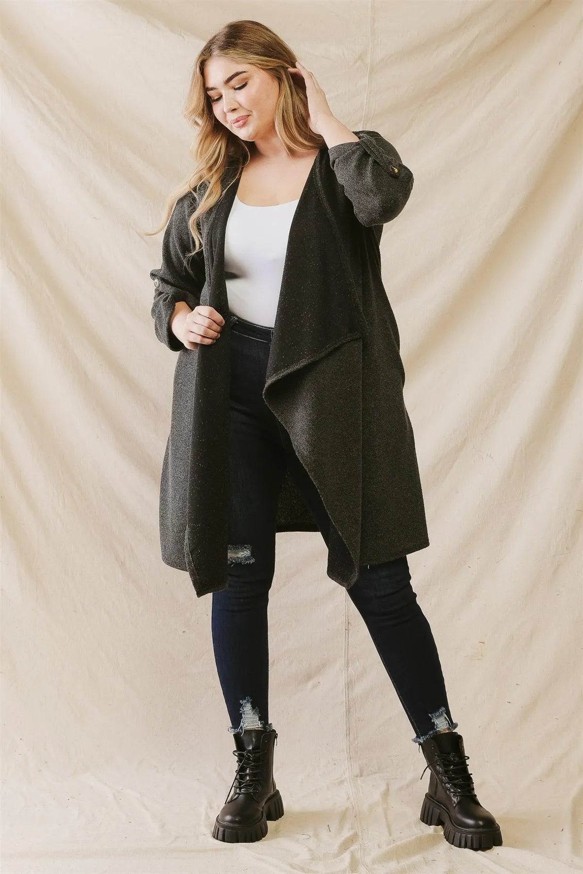 Junior Plus Charcoal Black Open Front Asymmetrical Hem Long Sleeve Relax Cardigan /1-1-1 - Tasha Apparel Wholesale