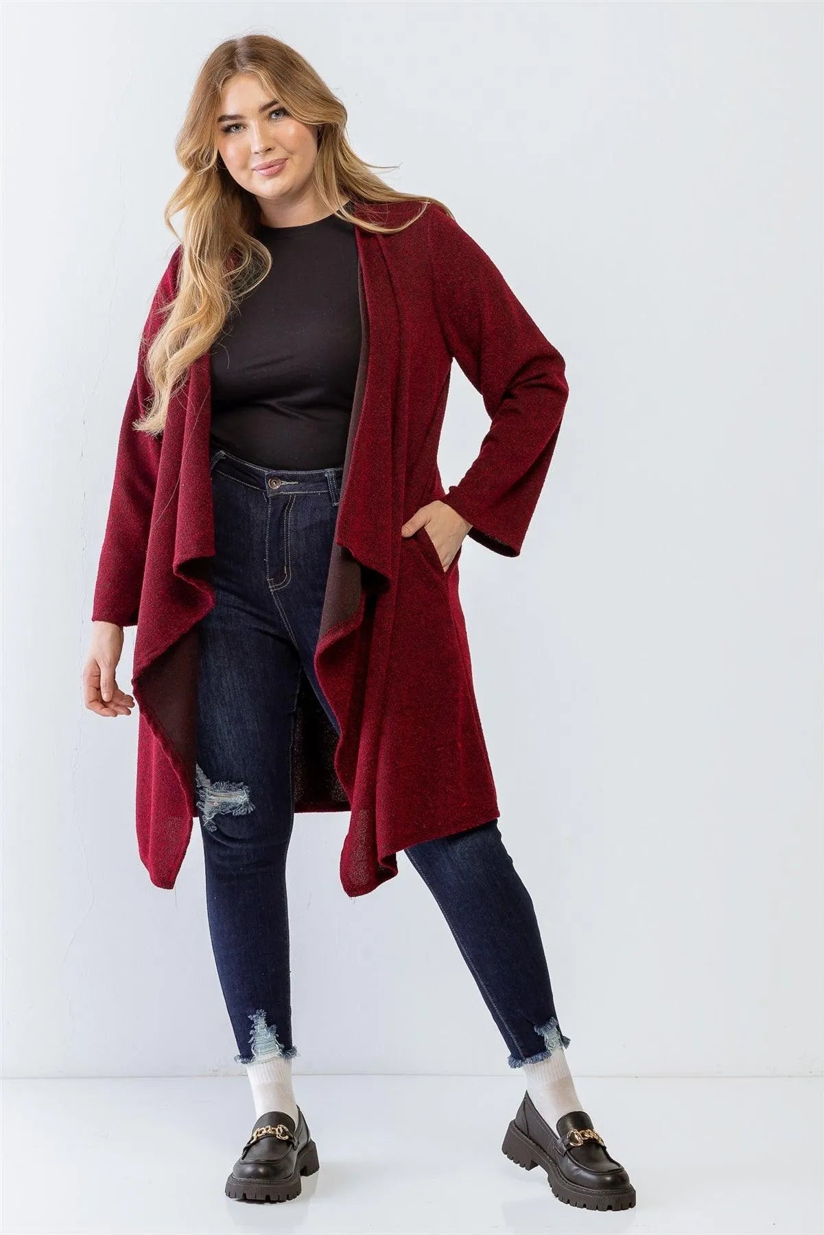 Plus Size Wine Asymmetrical Long Sleeve Relax Cardigan - Tasha Apparel Wholesale