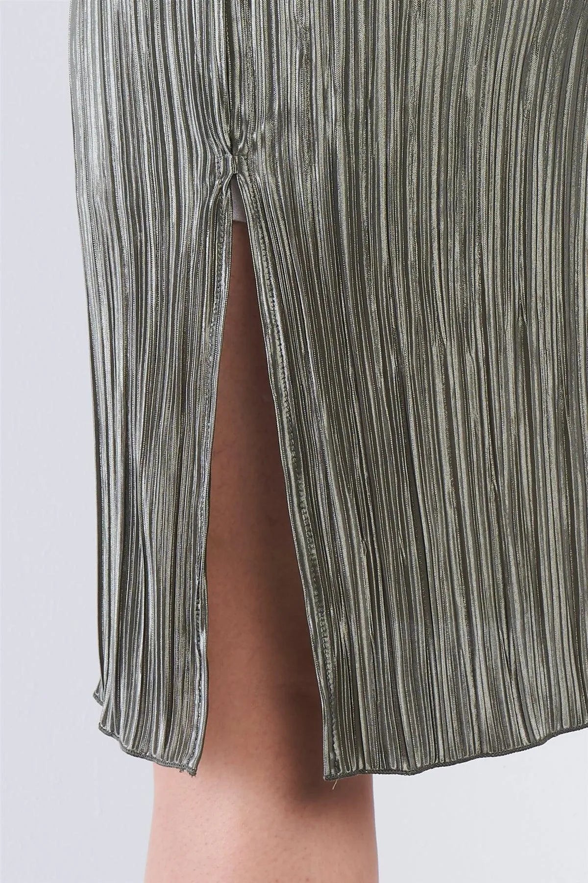 Junior Plus Size Sage Green Ribbed Satin Side Slit Cut Out V-Neck Midi Dress /2-2 - Tasha Apparel Wholesale