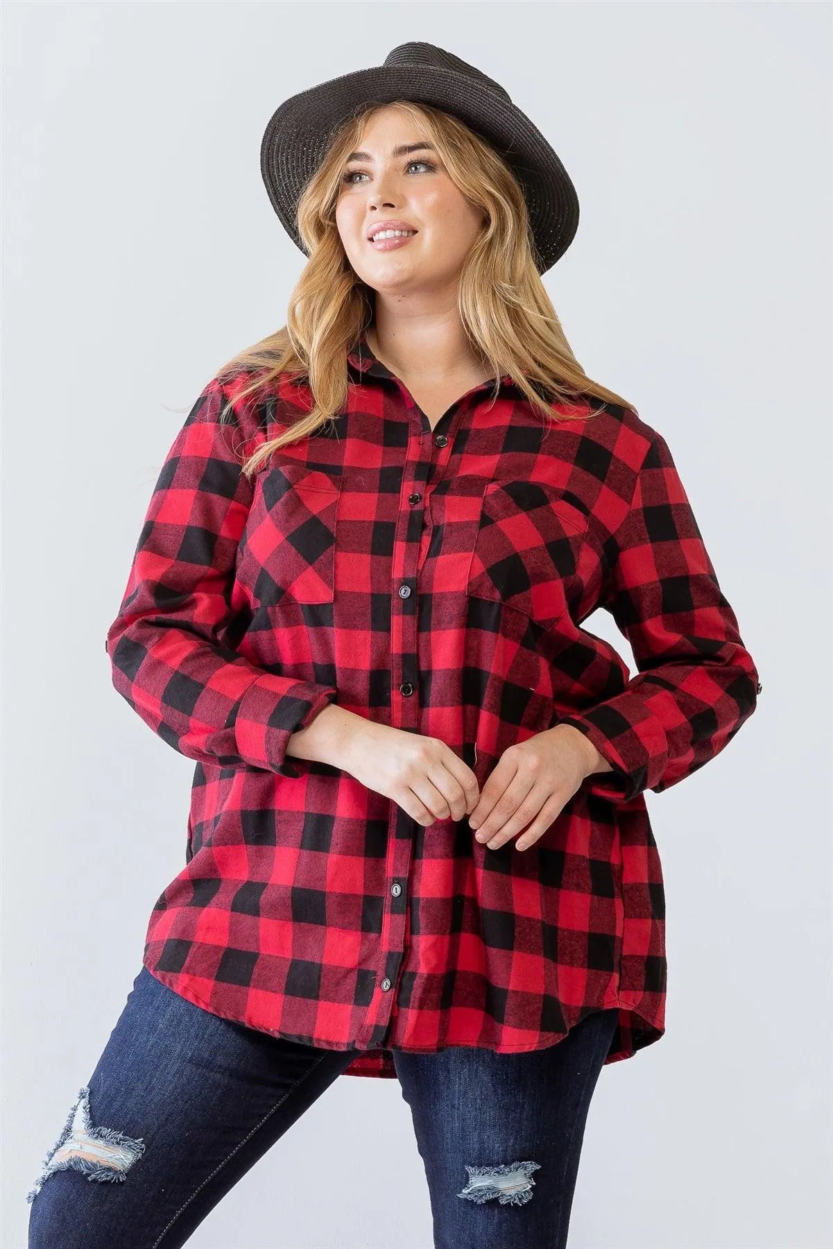 Junior Plus Red Combo Plaid Cotton Button-Up Two Pocket Collared Relax Top /1-1-1 - Tasha Apparel Wholesale