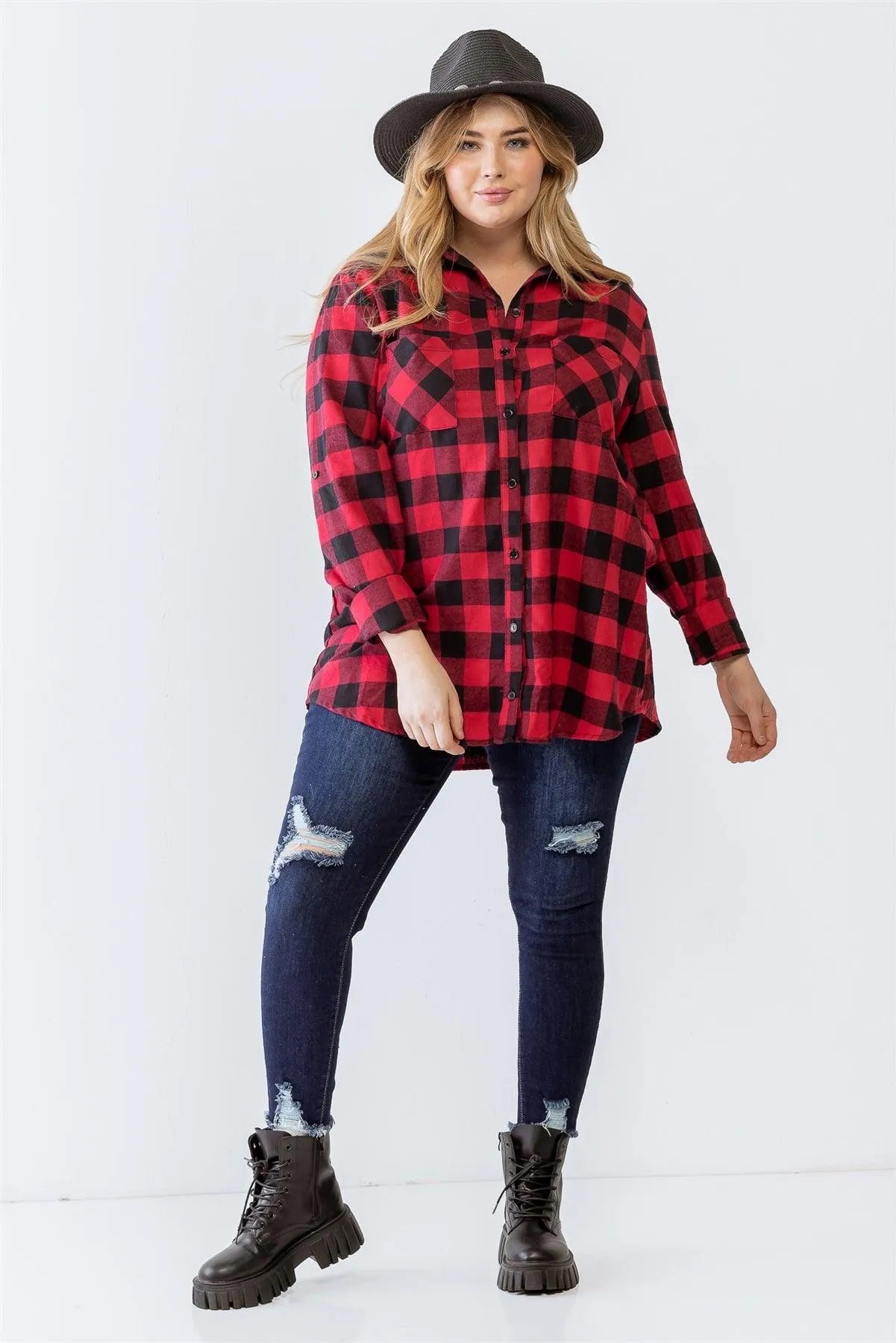 Junior Plus Red Combo Plaid Cotton Button-Up Two Pocket Collared Relax Top - Tasha Apparel Wholesale