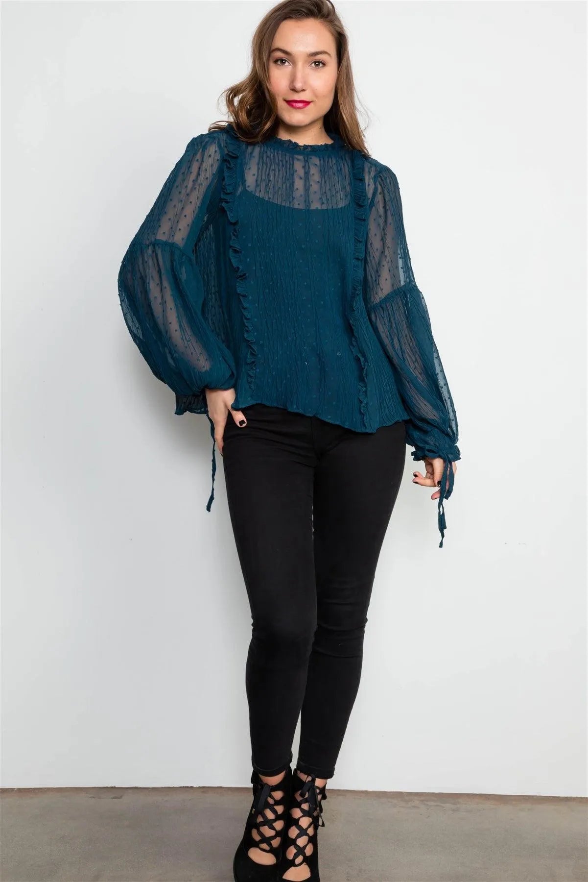 Teal Frill Trim Tie Sleeve Sheer Top /2-2-2 - Tasha Apparel Wholesale