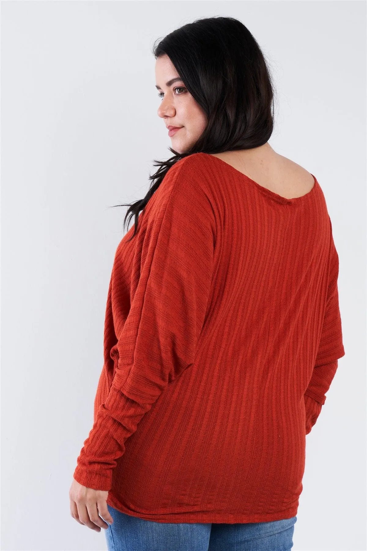 Junior Plus Size Bat Wing Rust Orange Knit Sweater Top /1-2-2 - Tasha Apparel Wholesale