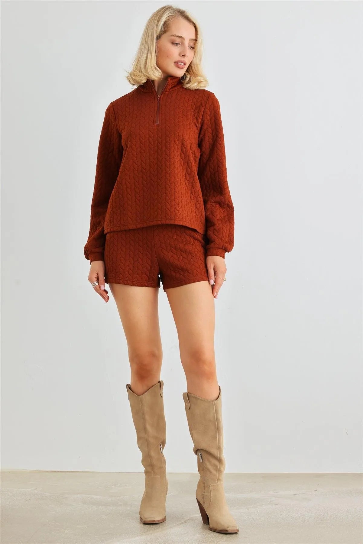 Rust Cable Zip-Up Mock Neck Long Sleeve Top & High Waist Shorts Set /2-2-2 - Tasha Apparel Wholesale