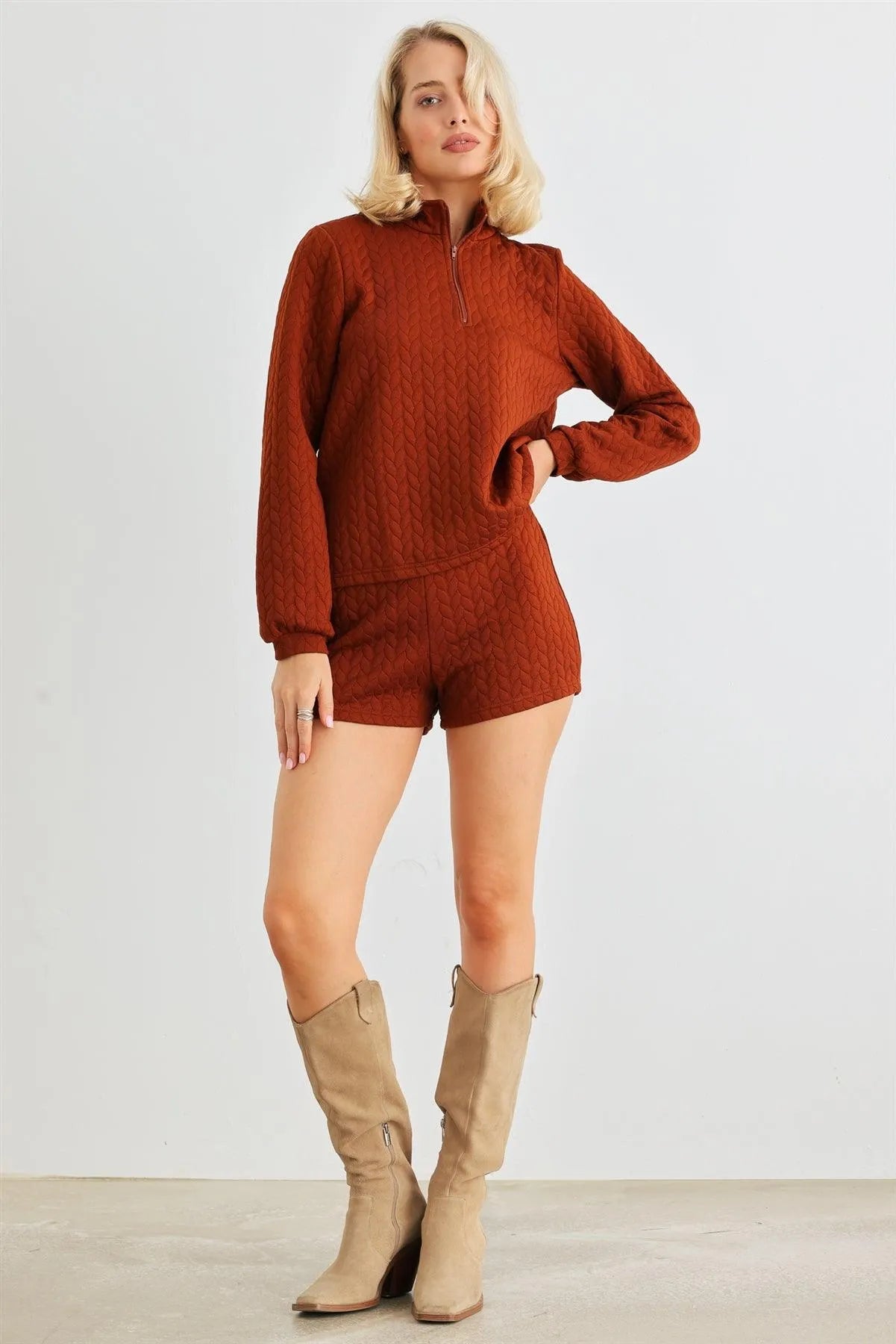 Rust Cable Zip-Up Mock Neck Long Sleeve Top & High Waist Shorts Set /2-2 - Tasha Apparel Wholesale