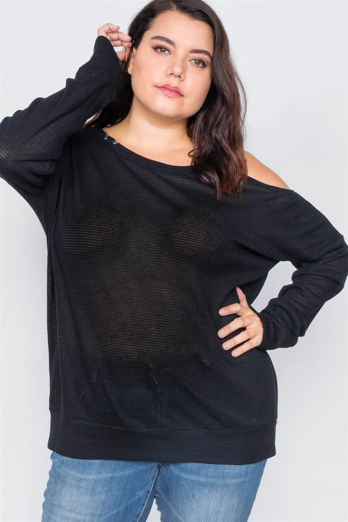Junior Plus Size Sheer Black Cotton Could Shoulder Sweater /2-2-2 - Tasha Apparel Wholesale