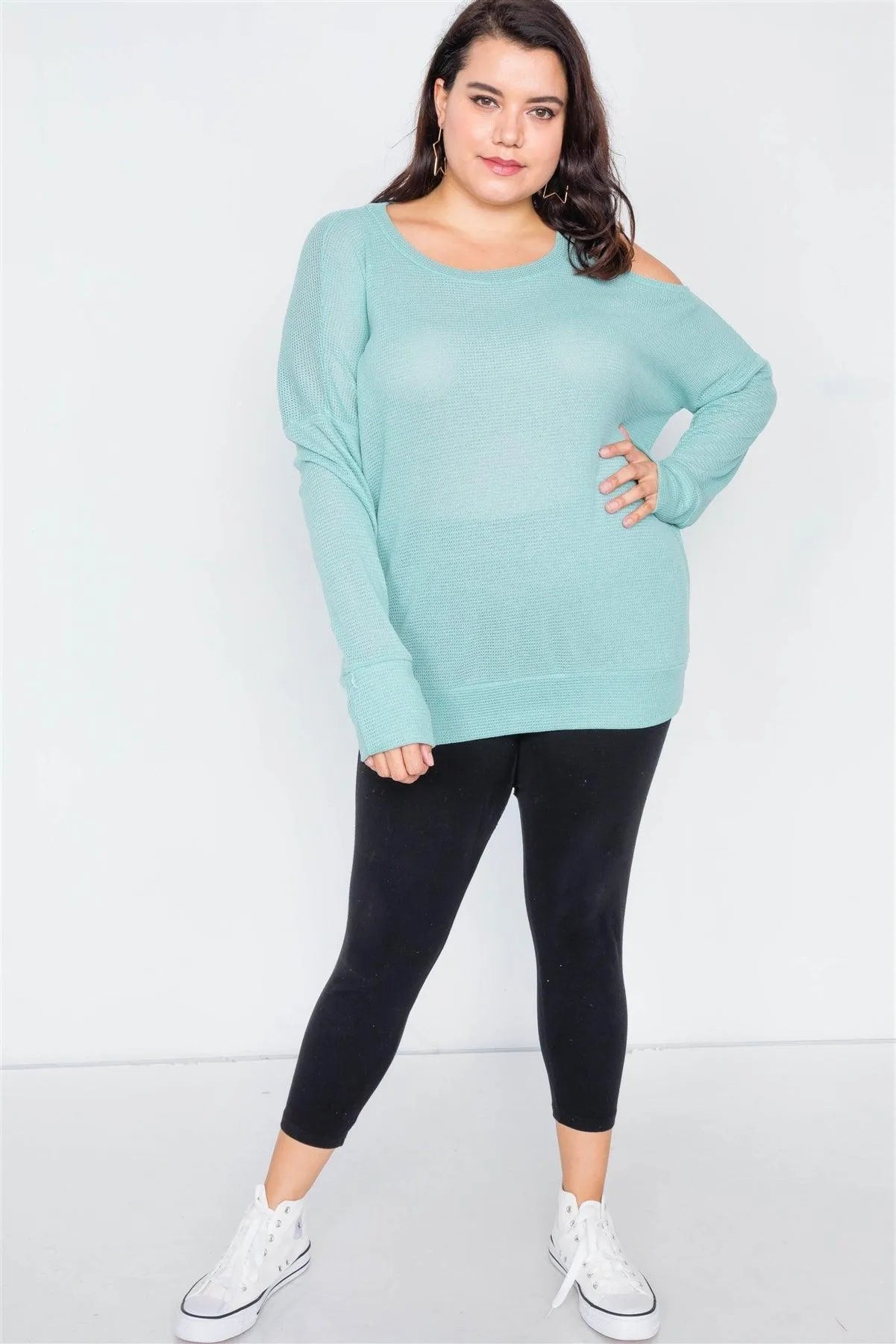 Junior Plus Size Sheer Mint Cotton Could Shoulder Sweater /2-2-2 - Tasha Apparel Wholesale