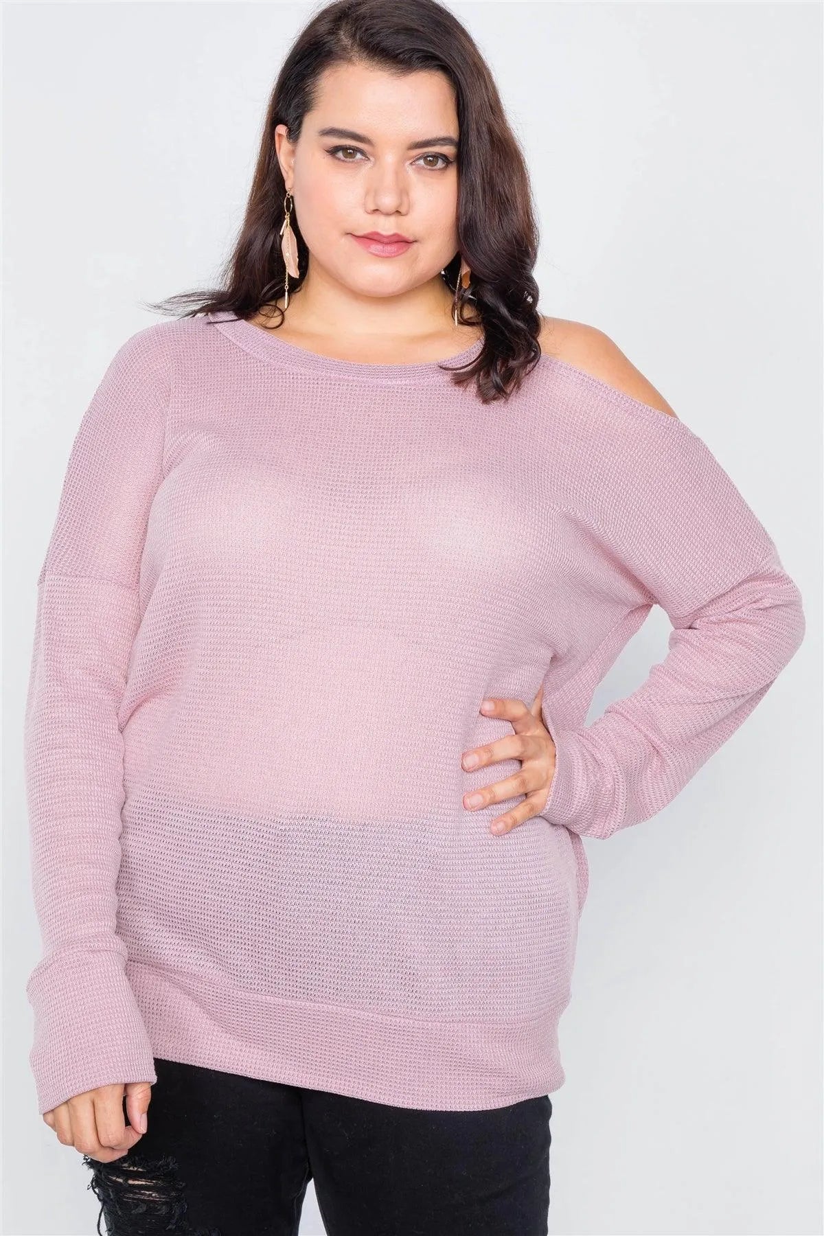 Plus Size Sheer Pink Cotton Could Shoulder Sweater /2-2-2 - Tasha Apparel Wholesale