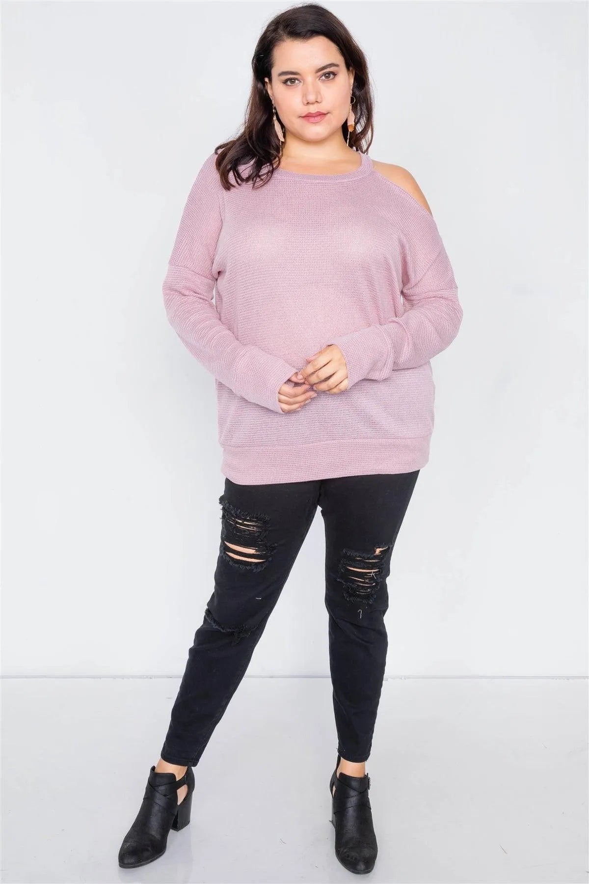 Plus Size Sheer Pink Cotton Could Shoulder Sweater /2-3-1 - Tasha Apparel Wholesale