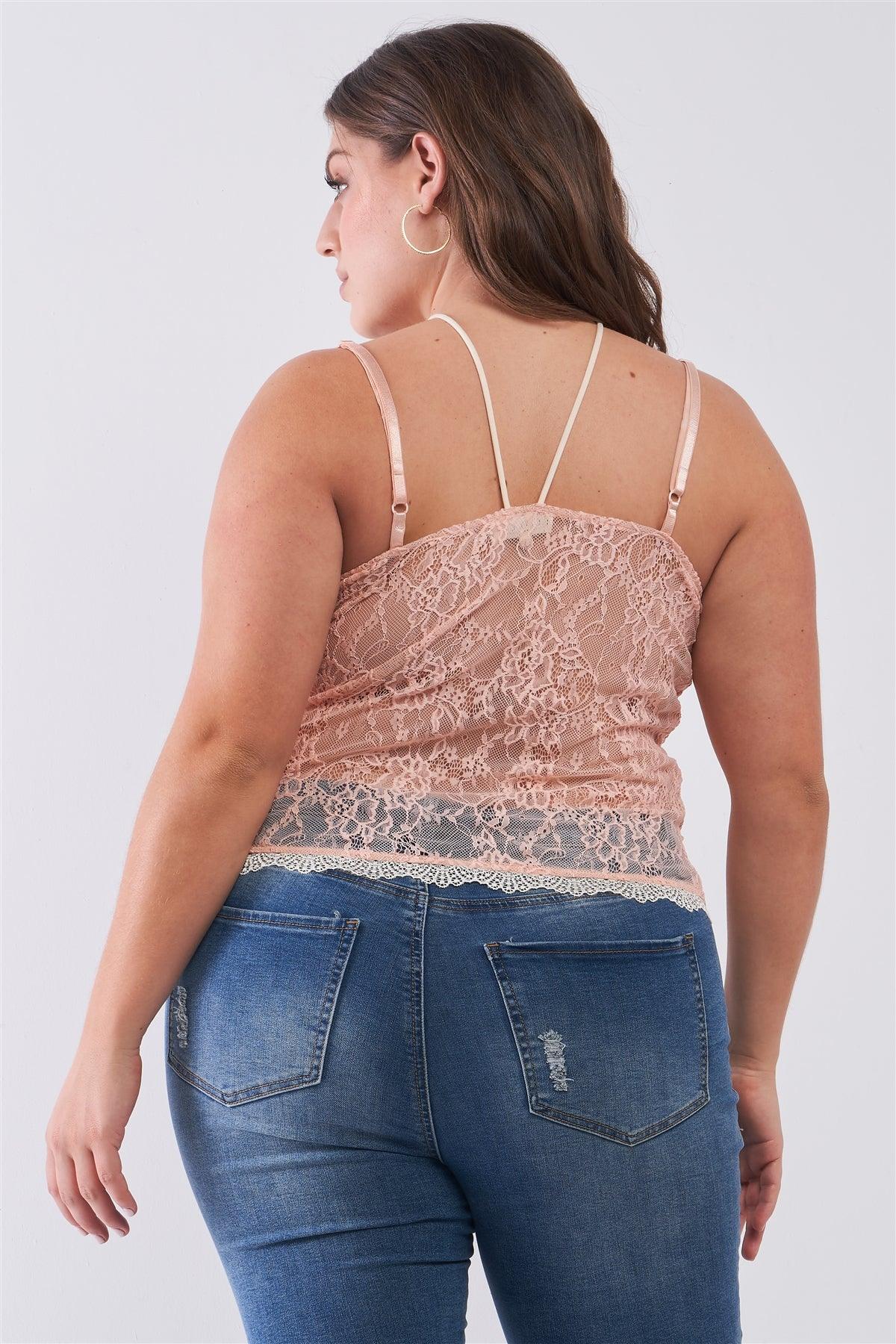 Junior Plus Size Dusty Rose Sleeveless Sheer Lace Halter Neck Detail Bustier Top