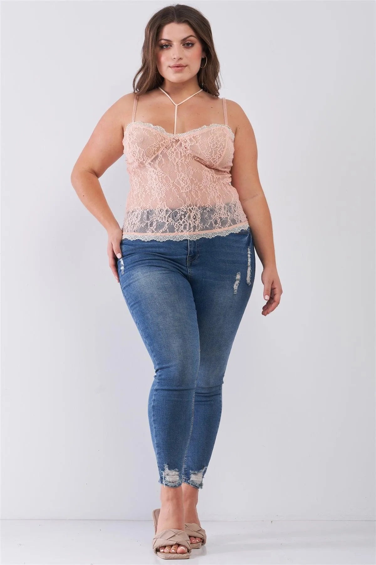 Junior Plus Size Dusty Rose Sleeveless Sheer Lace Halter Neck Detail Bustier Top /2-2-2 - Tasha Apparel Wholesale