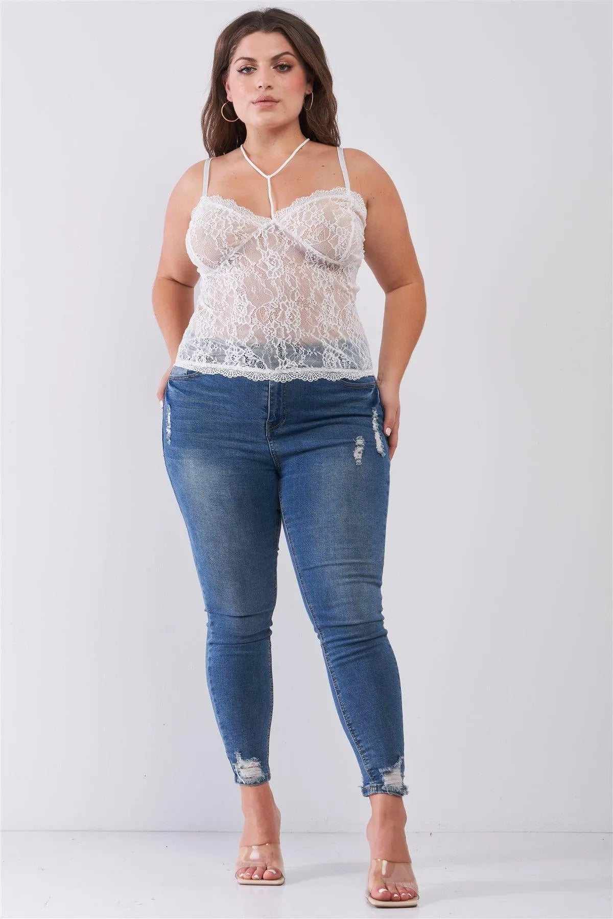 Junior Plus Size White Sleeveless Sheer Lace Halter Neck Detail Bustier Top /2-2-2 - Tasha Apparel Wholesale