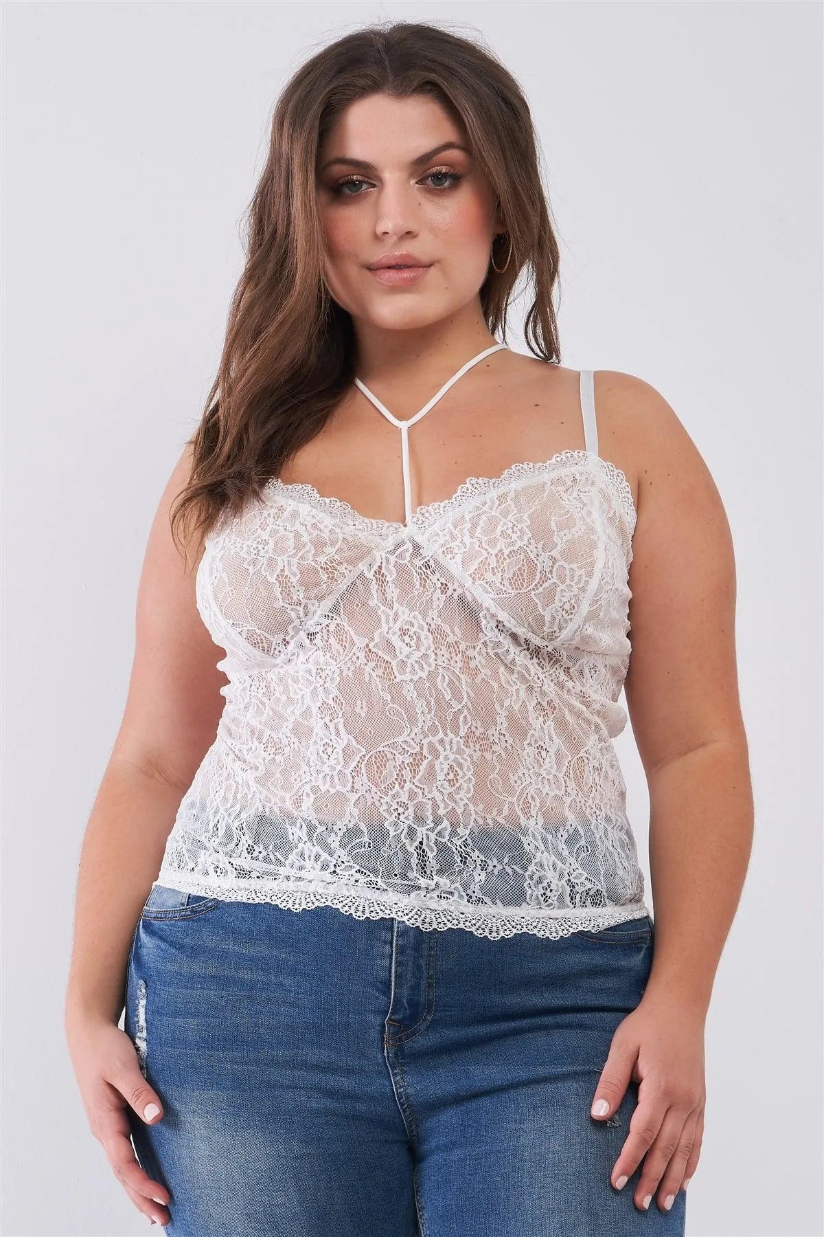 Junior Plus Size White Sleeveless Sheer Lace Halter Neck Detail Bustier Top /2-3-1 - Tasha Apparel Wholesale