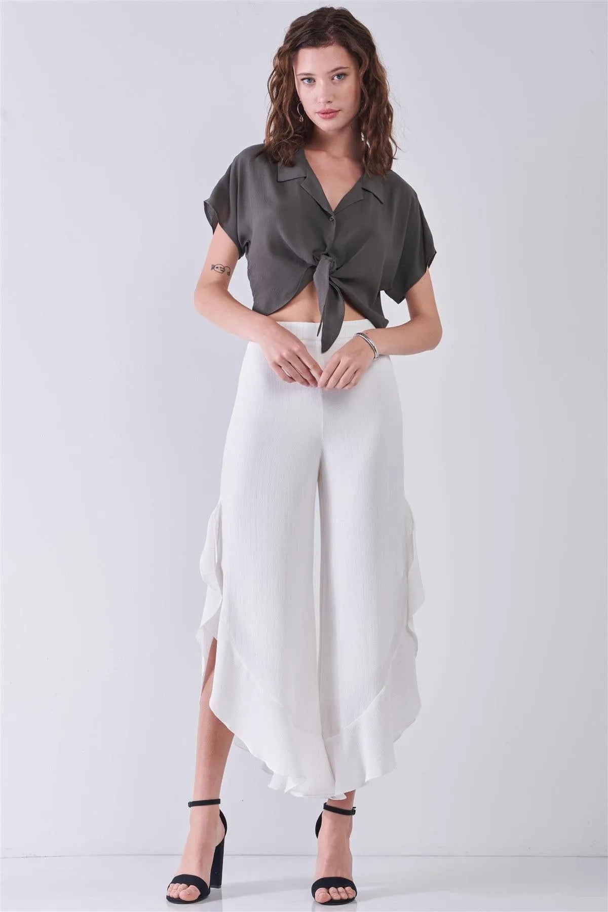 Olive Collared Short Sleeve Self-Tie Front Cropped Top /3-2-1 - Tasha Apparel Wholesale